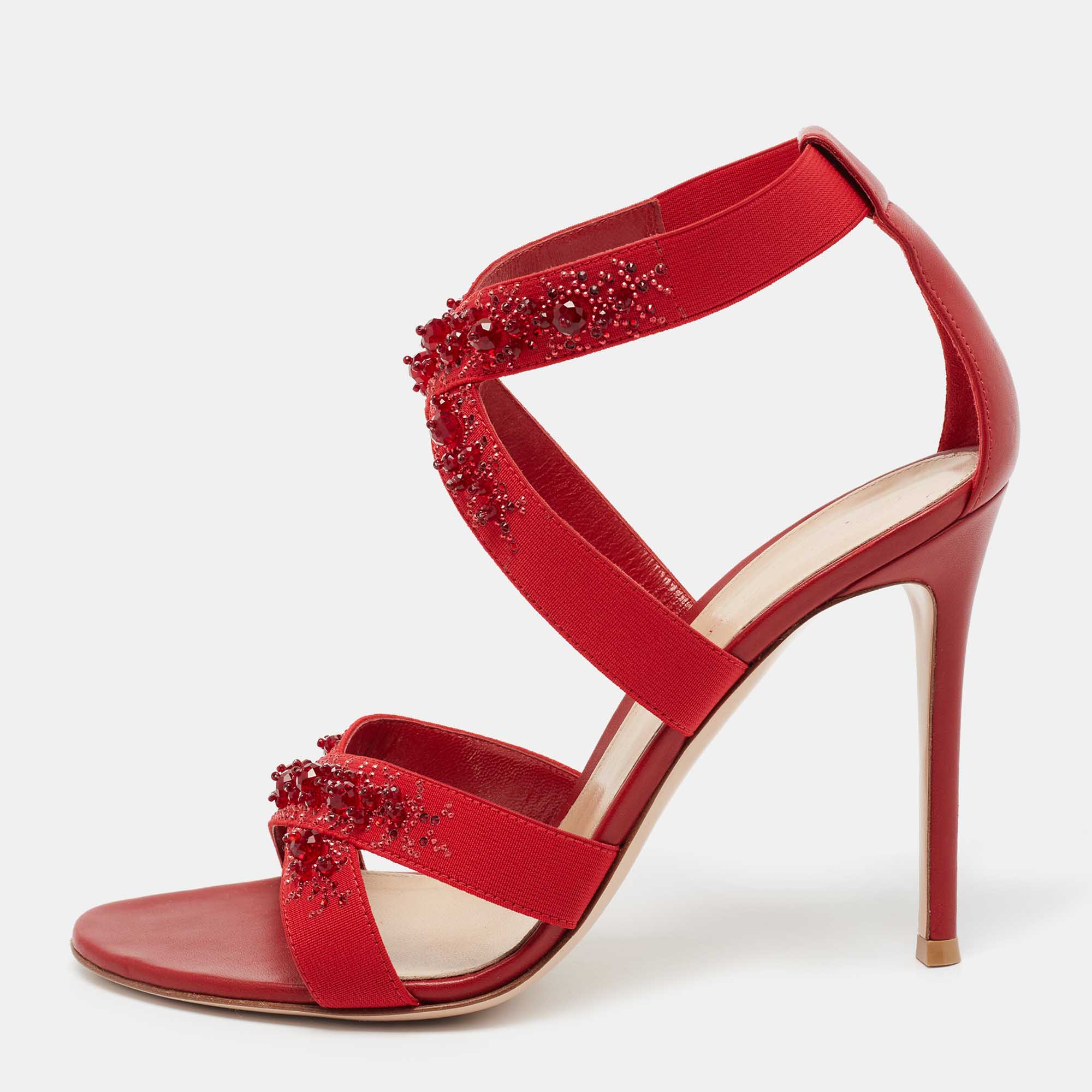 

Gianvito Rossi Red Leather and Fabric Crystal Embellished Ankle-Strap Sandals Size
