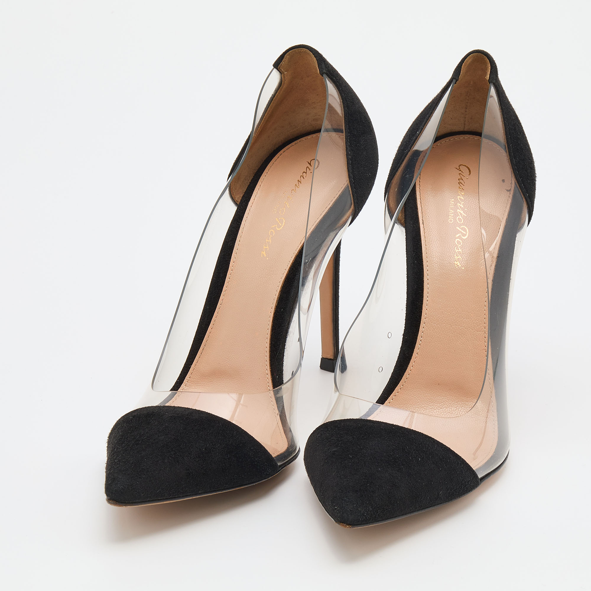 

Gianvito Rossi Black Suede And PVC Plexi Pointed Toe Pumps Size