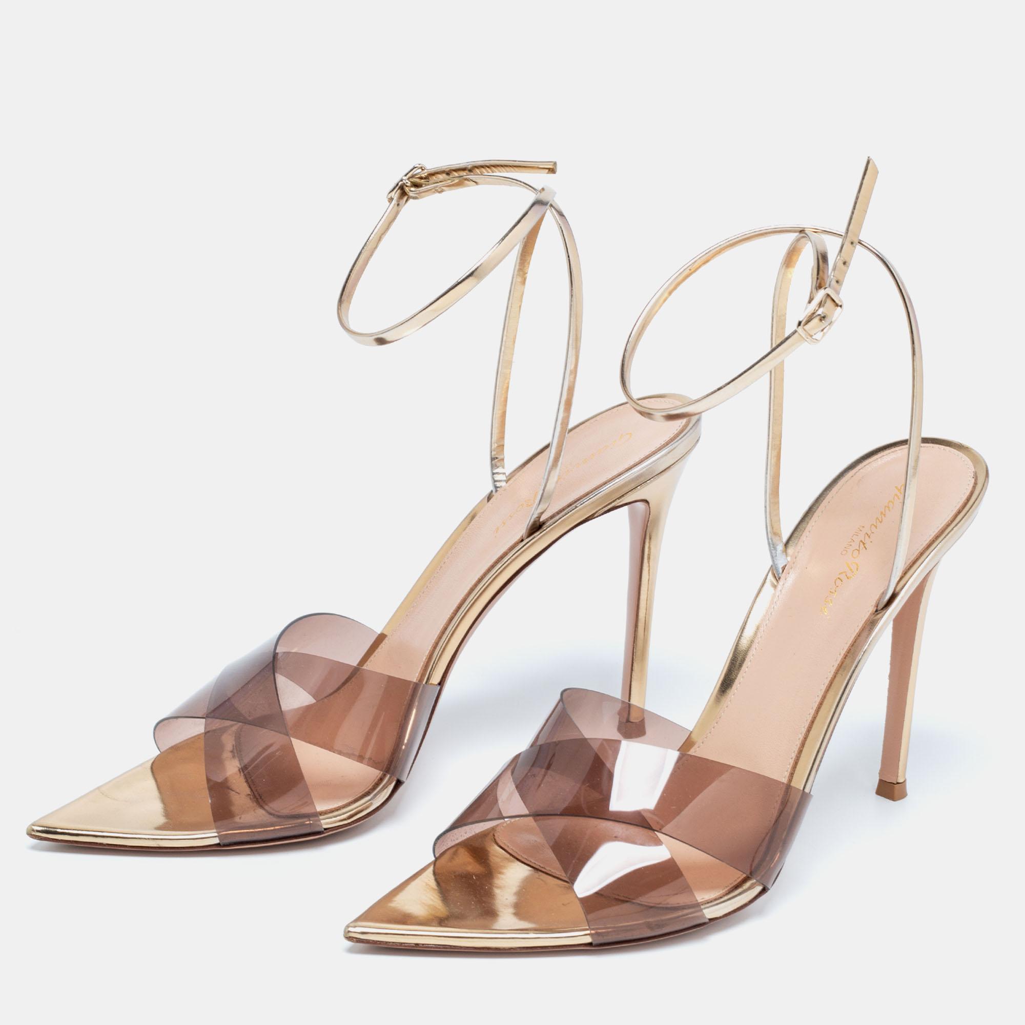 

Gianvito Rossi Brown/Light Gold PVC and Leather Plexi Stark Ankle-Strap Sandals Size