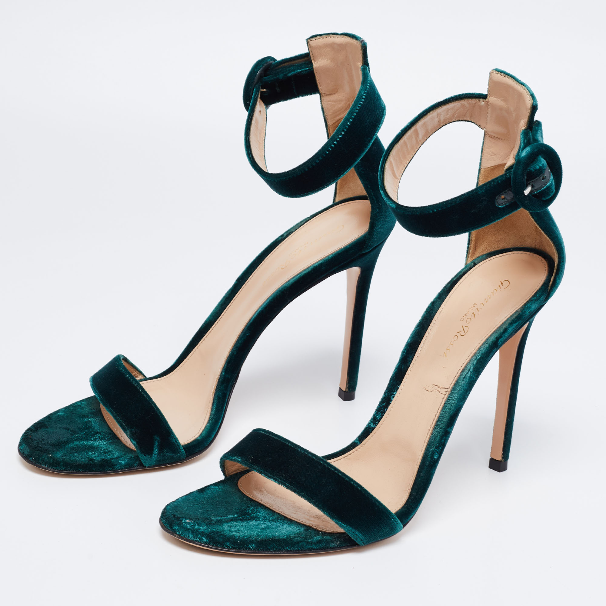 

Gianvito Rossi Dark Green Velvet Portofino Ankle-Strap Sandals Size