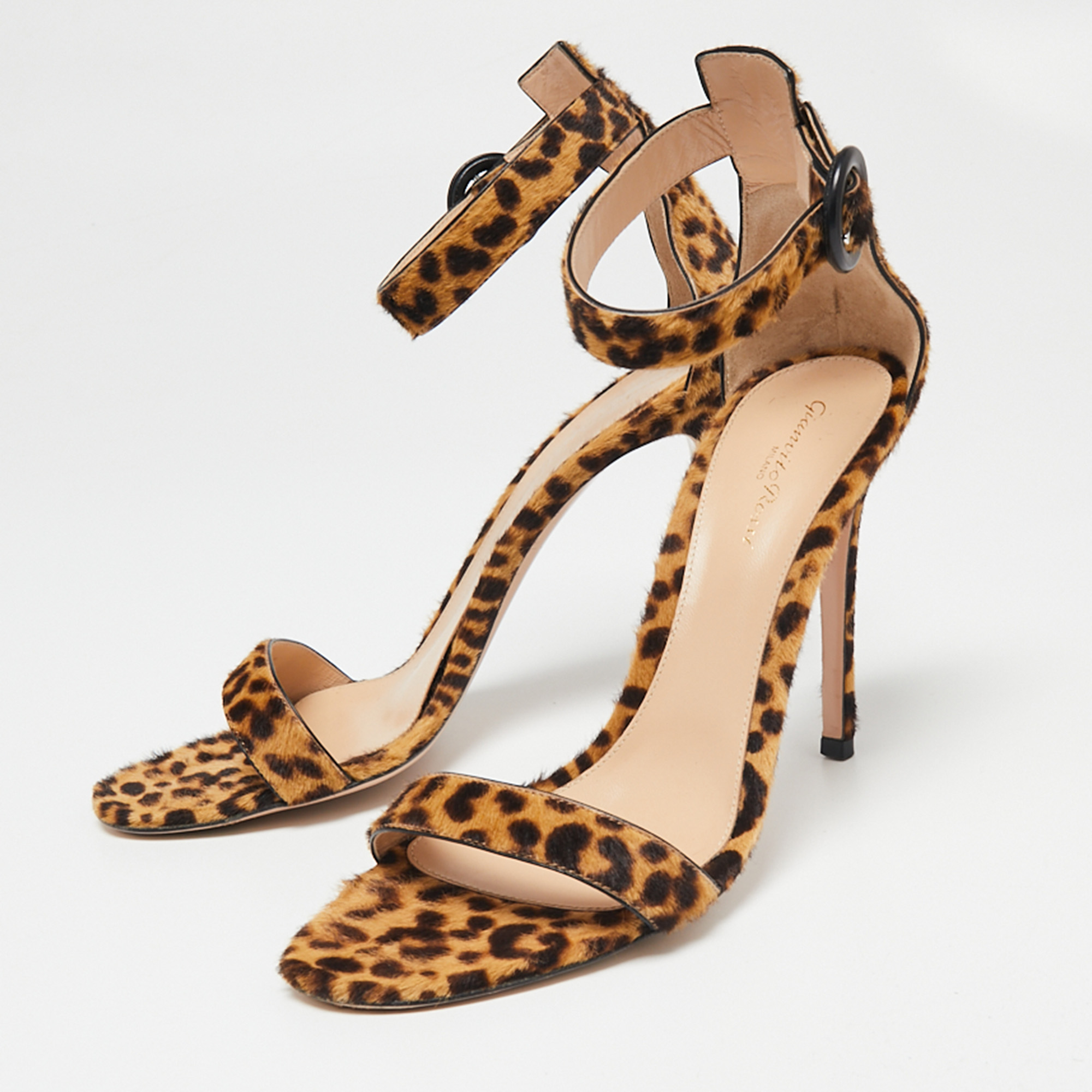 

Gianvito Rossi Beige/Brown Leopard Print Calf Hair Portofino Ankle-Strap Sandals Size