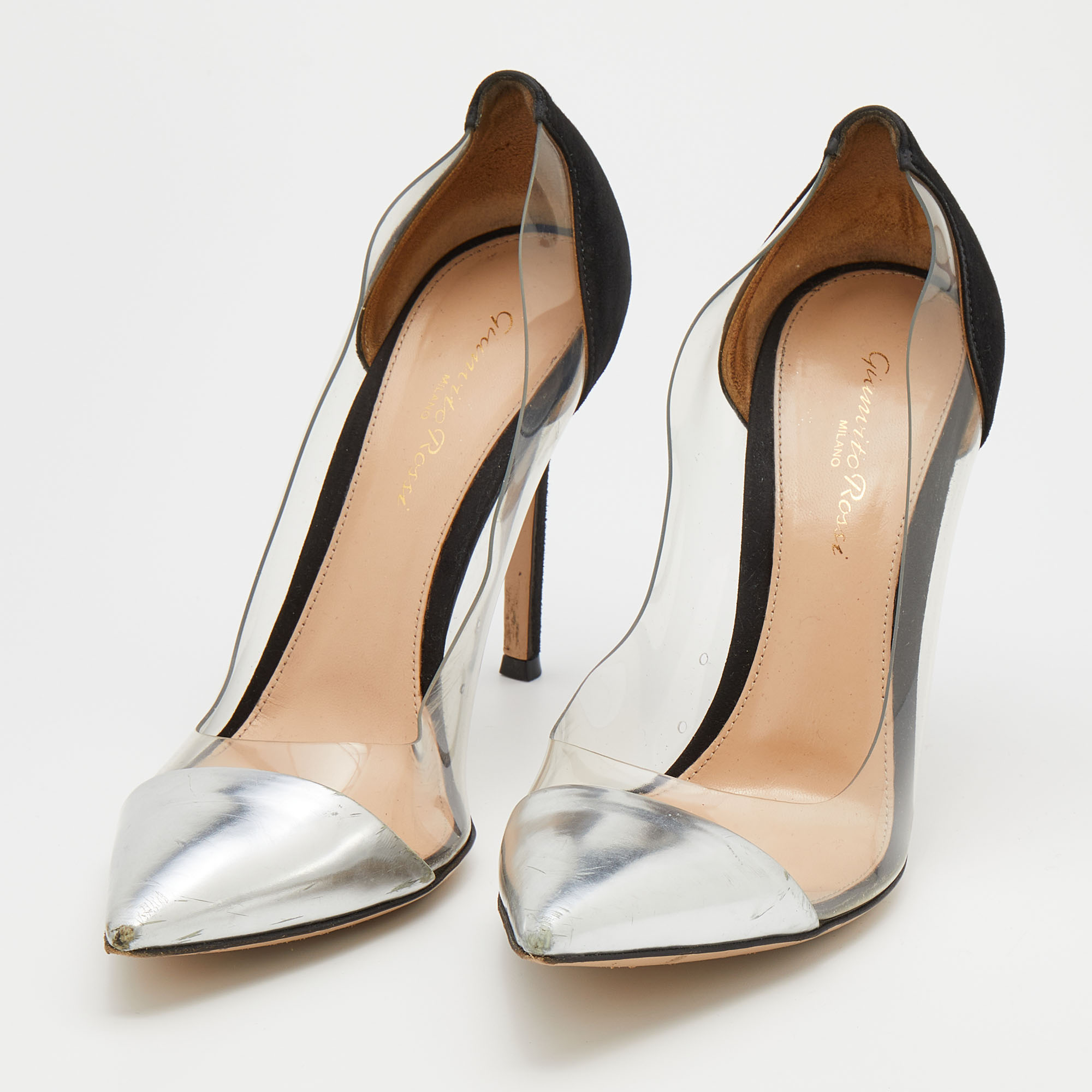 

Gianvito Rossi Black/Silver Leather, Suede and PVC Plexi Pointed Toe Pumps Size