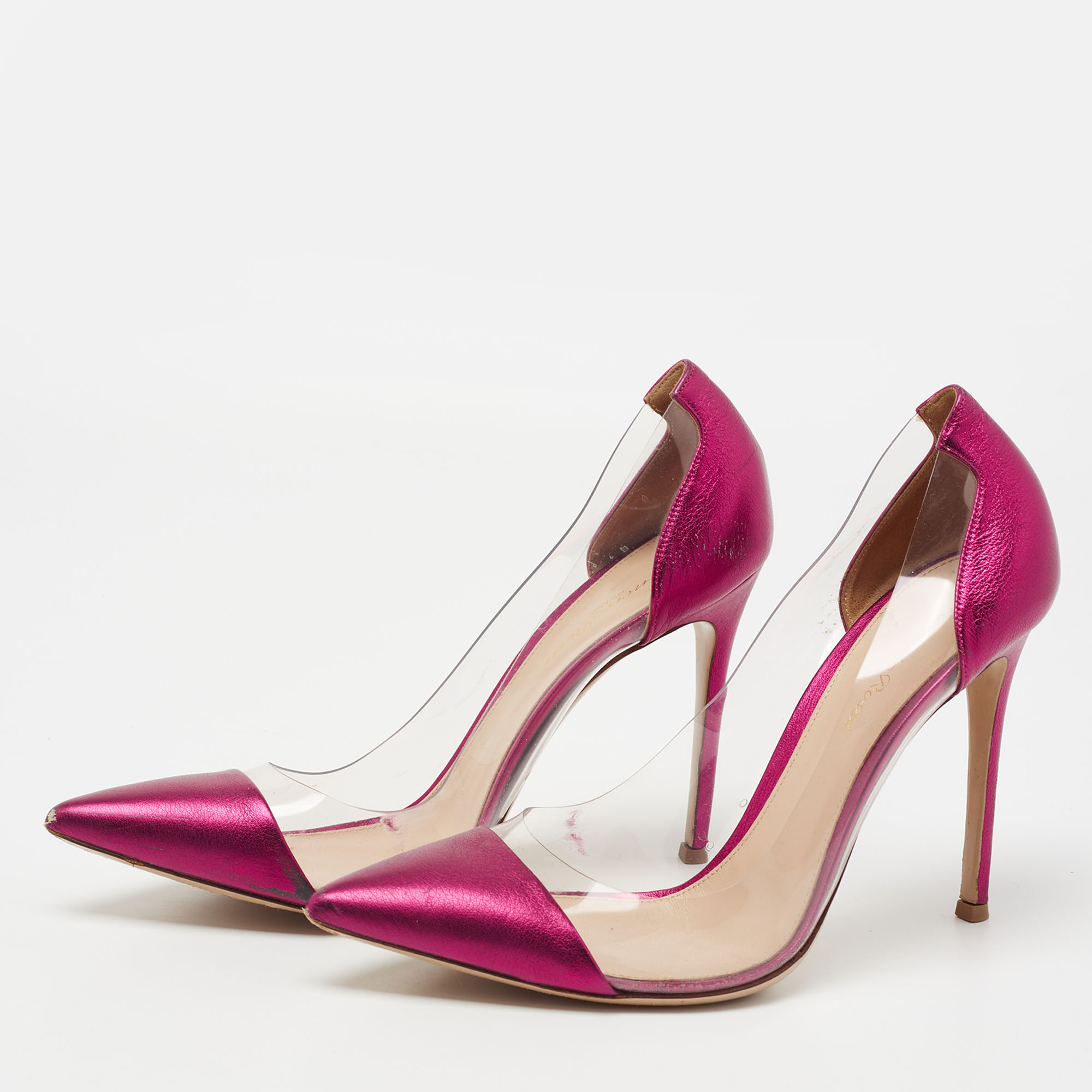 

Gianvito Rossi Metallic Shocking Pink Leather and PVC Plexi Pumps Size