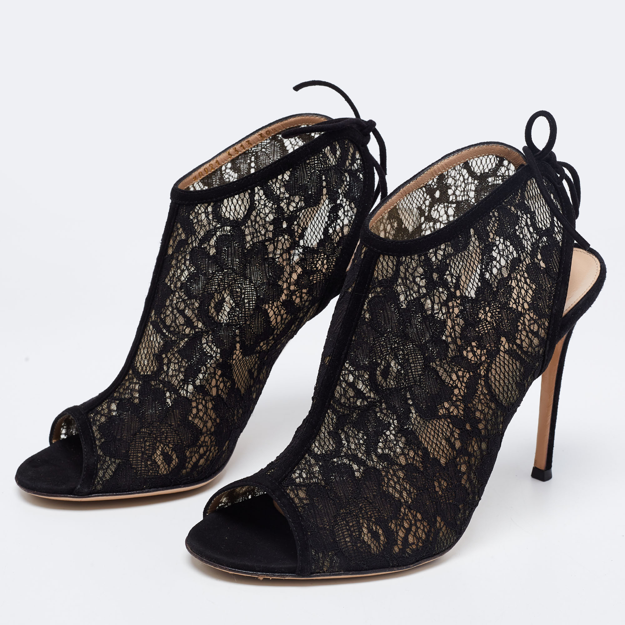 

Gianvito Rossi Black Lace Peep Toe Cut Out Booties Size