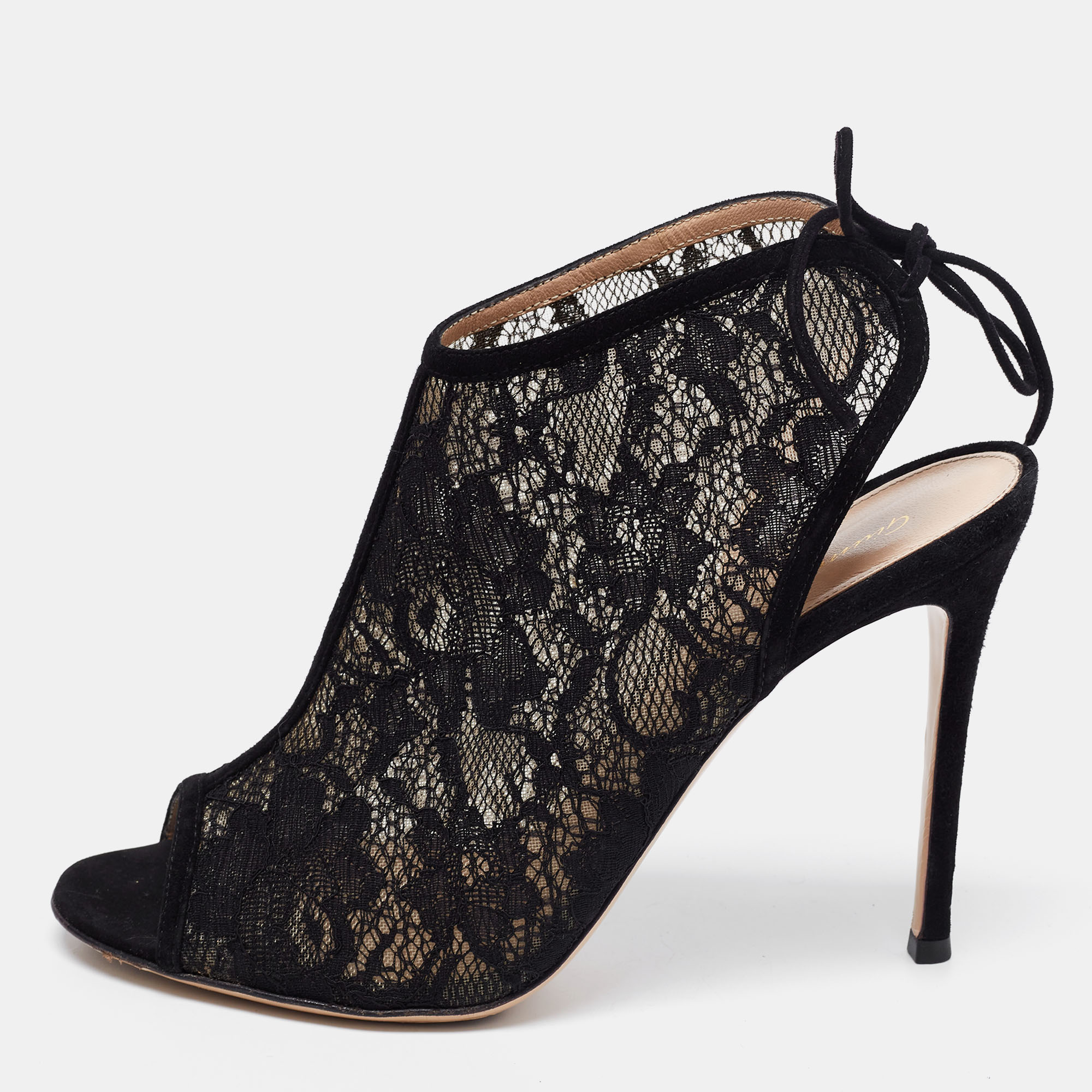 Pre Owned Gianvito Rossi Black Lace Peep Toe Cut Out Booties Size 39.5