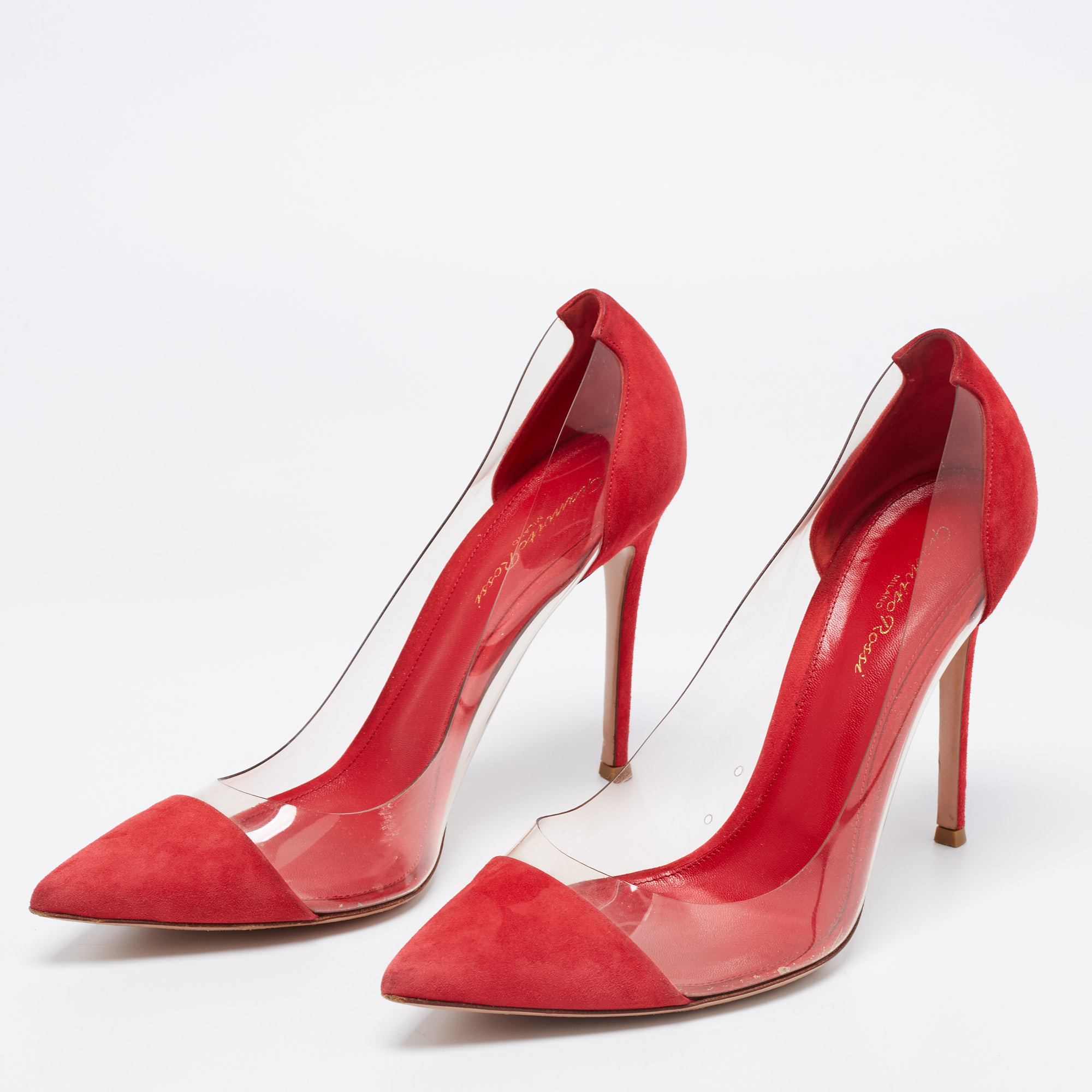 

Gianvito Rossi Red Suede and PVC Plexi Pointed-Toe Pumps Size