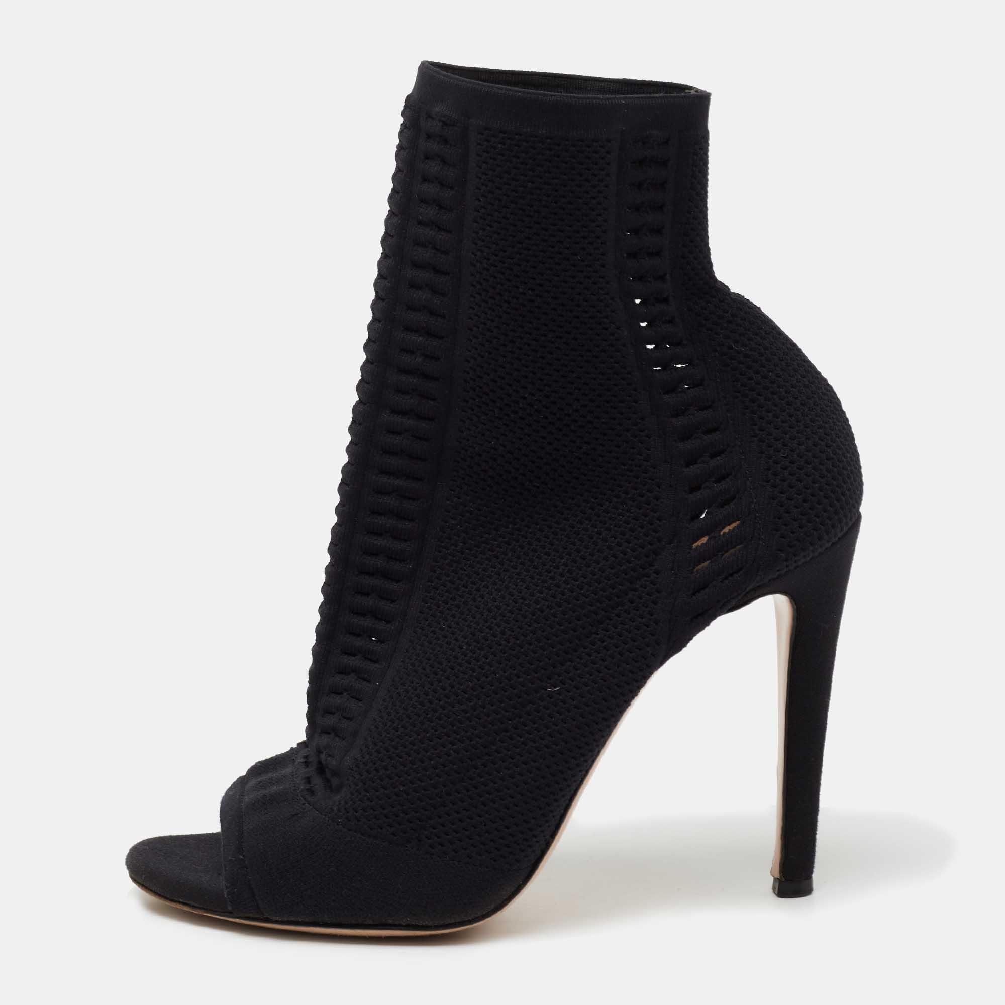 

Gianvito Rossi Black Knit Fabric Vires Open-Toe Ankle Booties Size