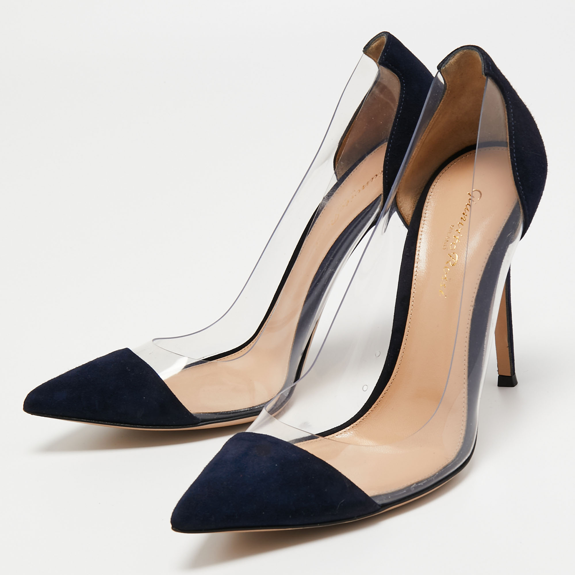

Gianvito Rossi Blue/White Leather And PVC Plexi Pumps Size