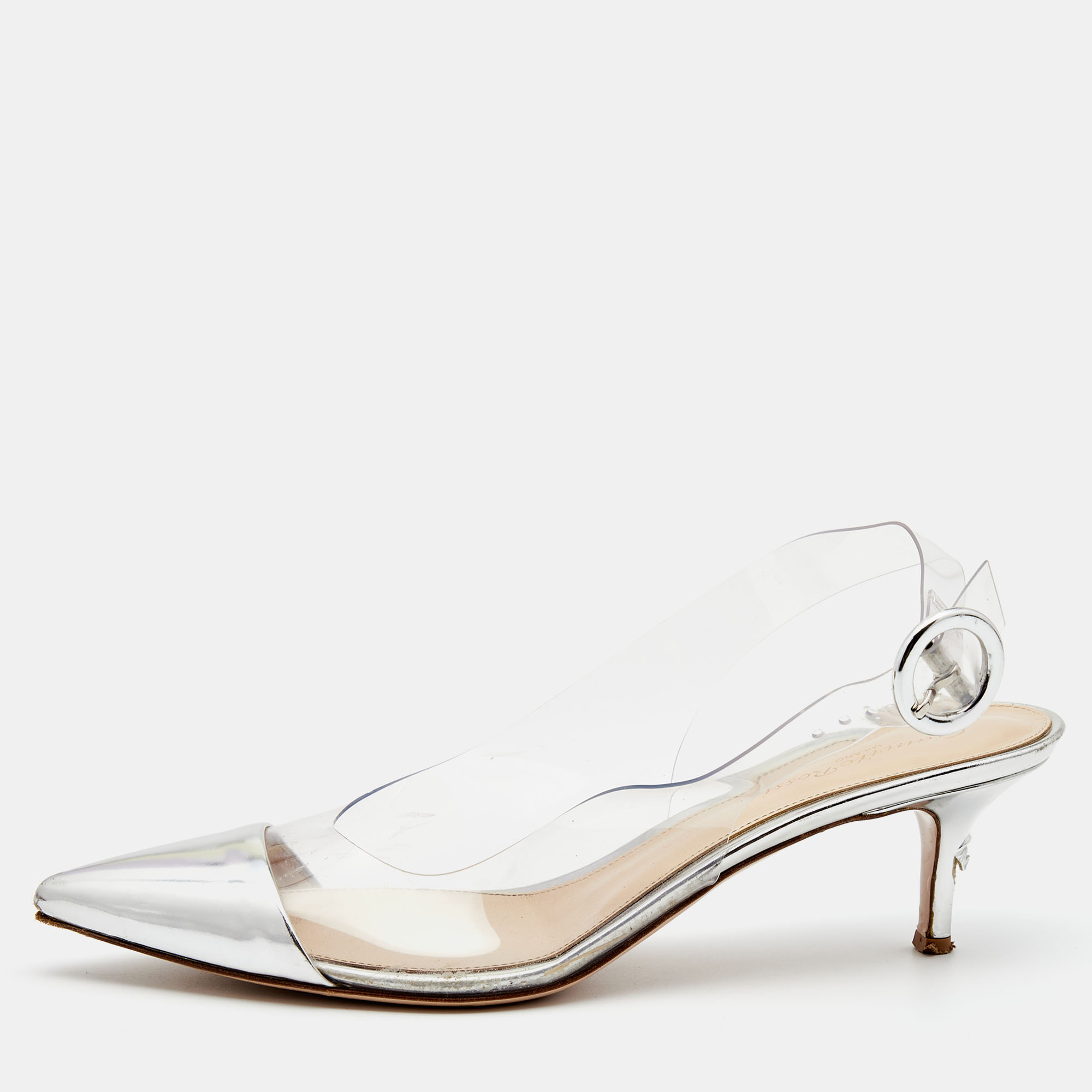 

Gianvito Rossi Silver Leather and PVC Slingback Pumps Size
