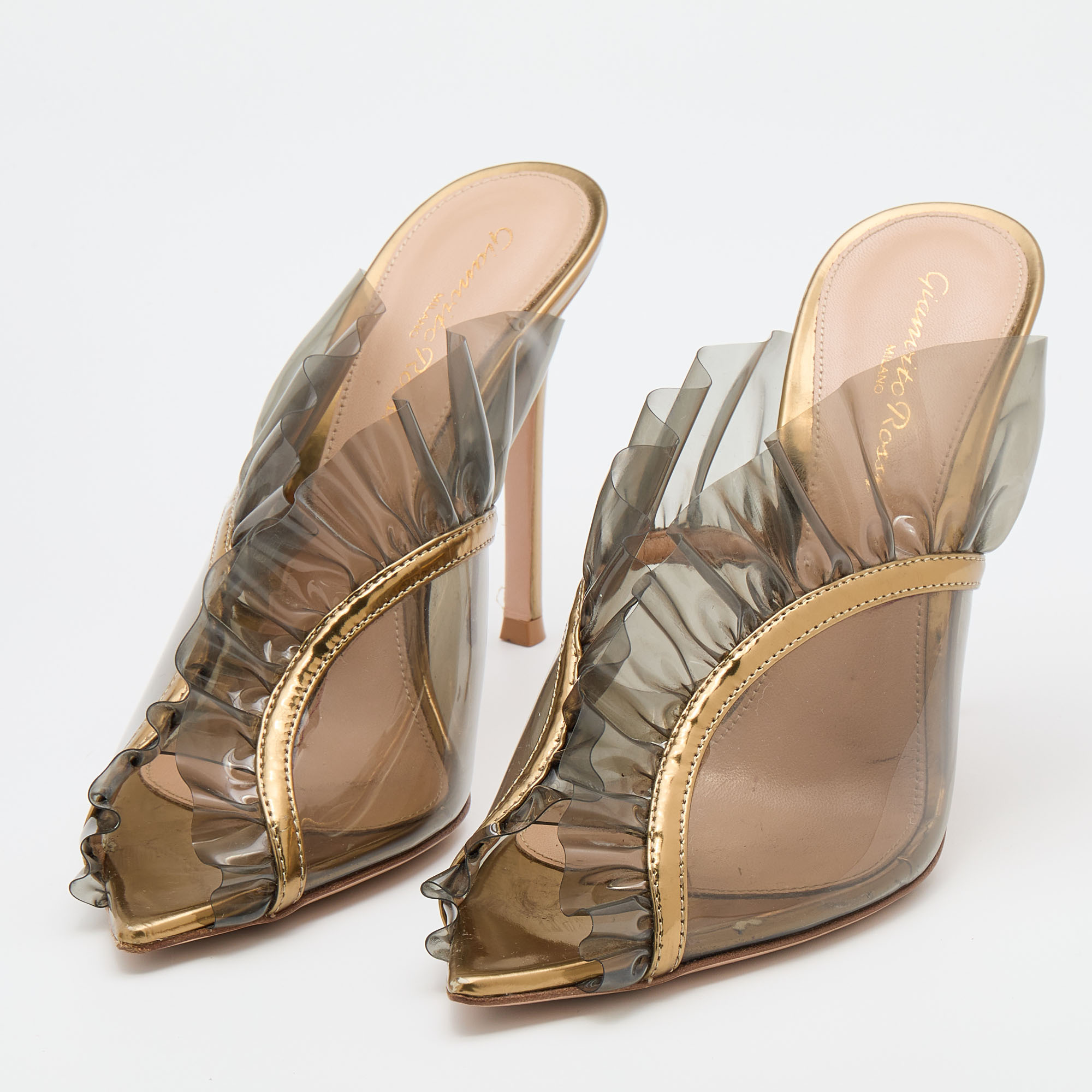 

Gianvito Rossi Metallic Bronze PVC and Leather Ofelia Ruffle Mules Size