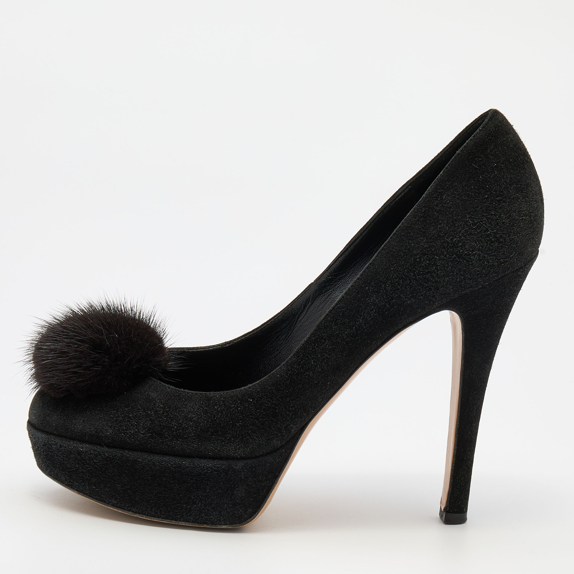 Pre-owned Gianvito Rossi Black Suede And Mink Fur Platform Pumps Size 37
