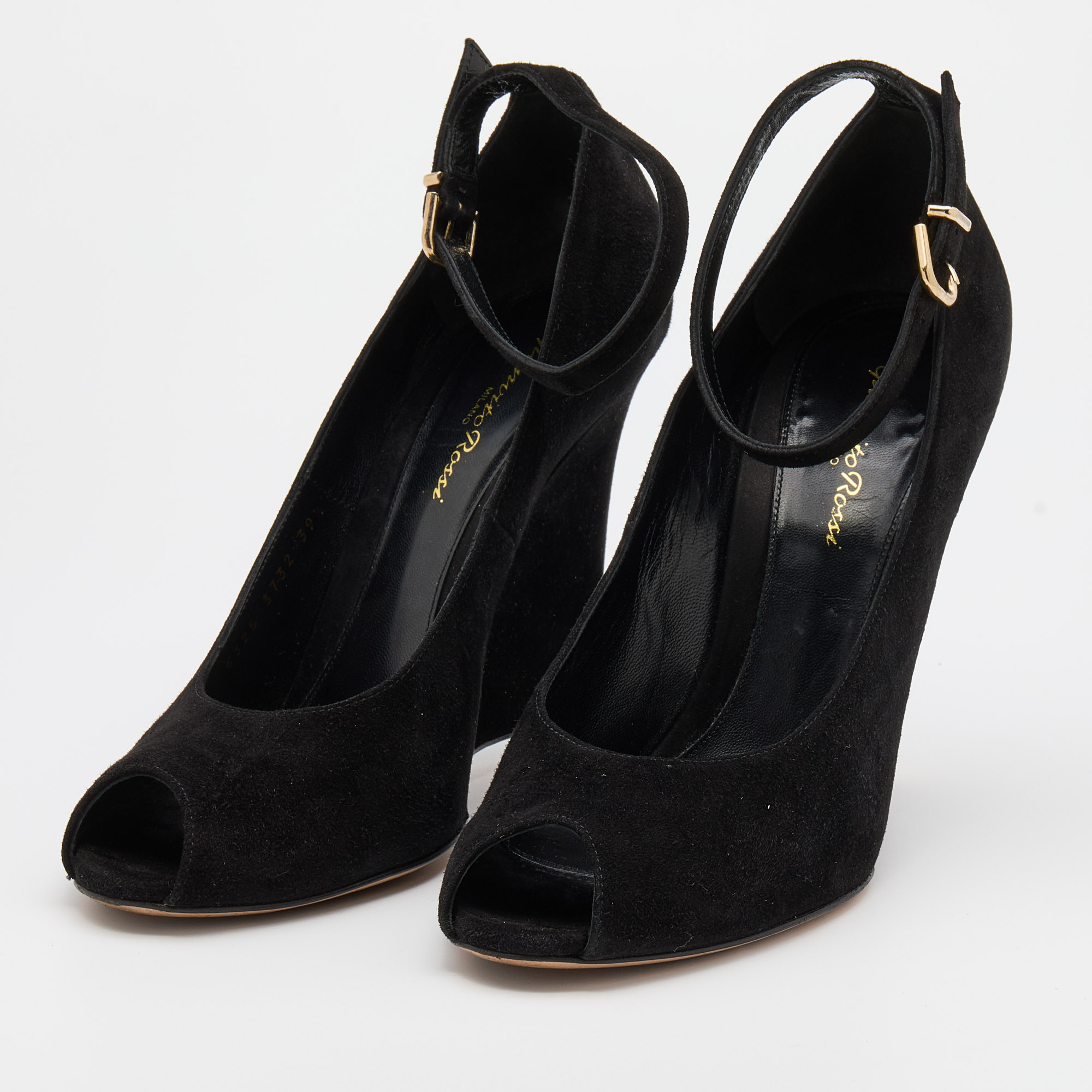 

Gianvito Rossi Black Suede Wedge Peep Toe Ankle Strap Pumps Size