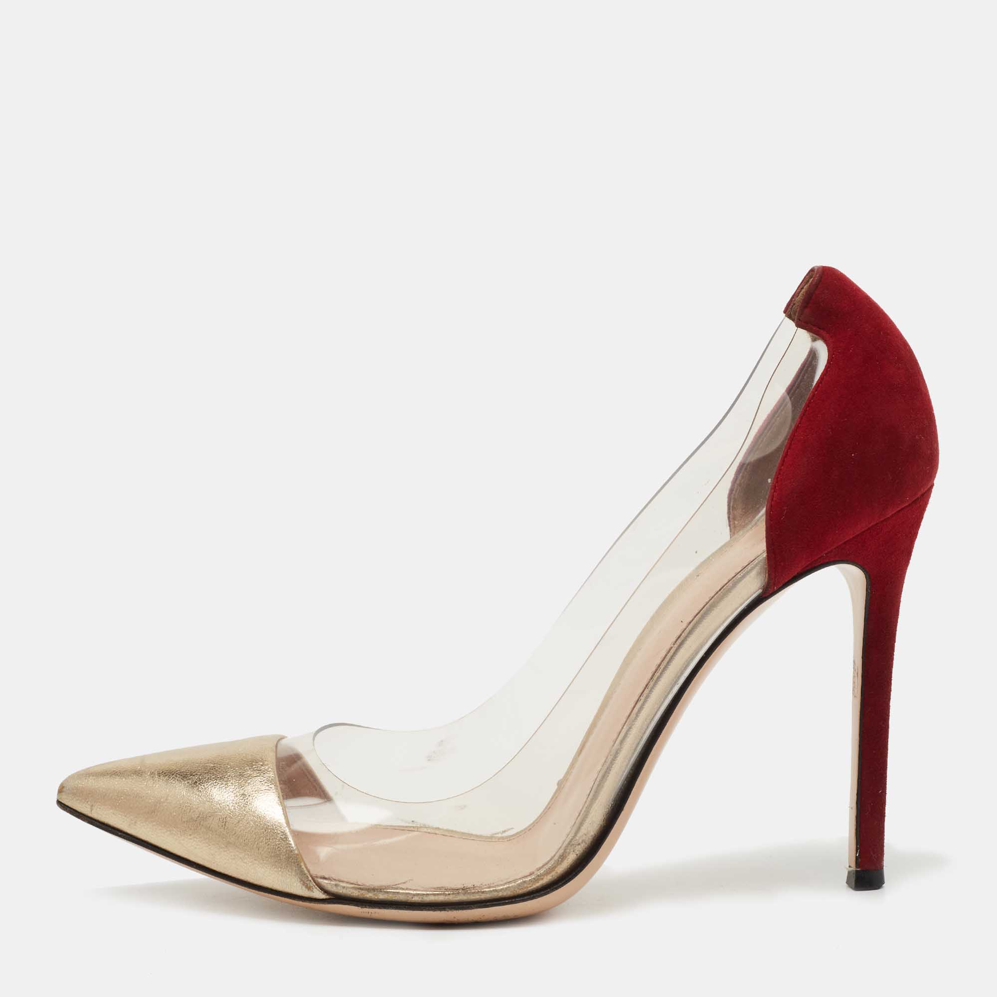 

Gianvito Rossi Burgundy/Gold Leather and PVC Plexi Pumps Size