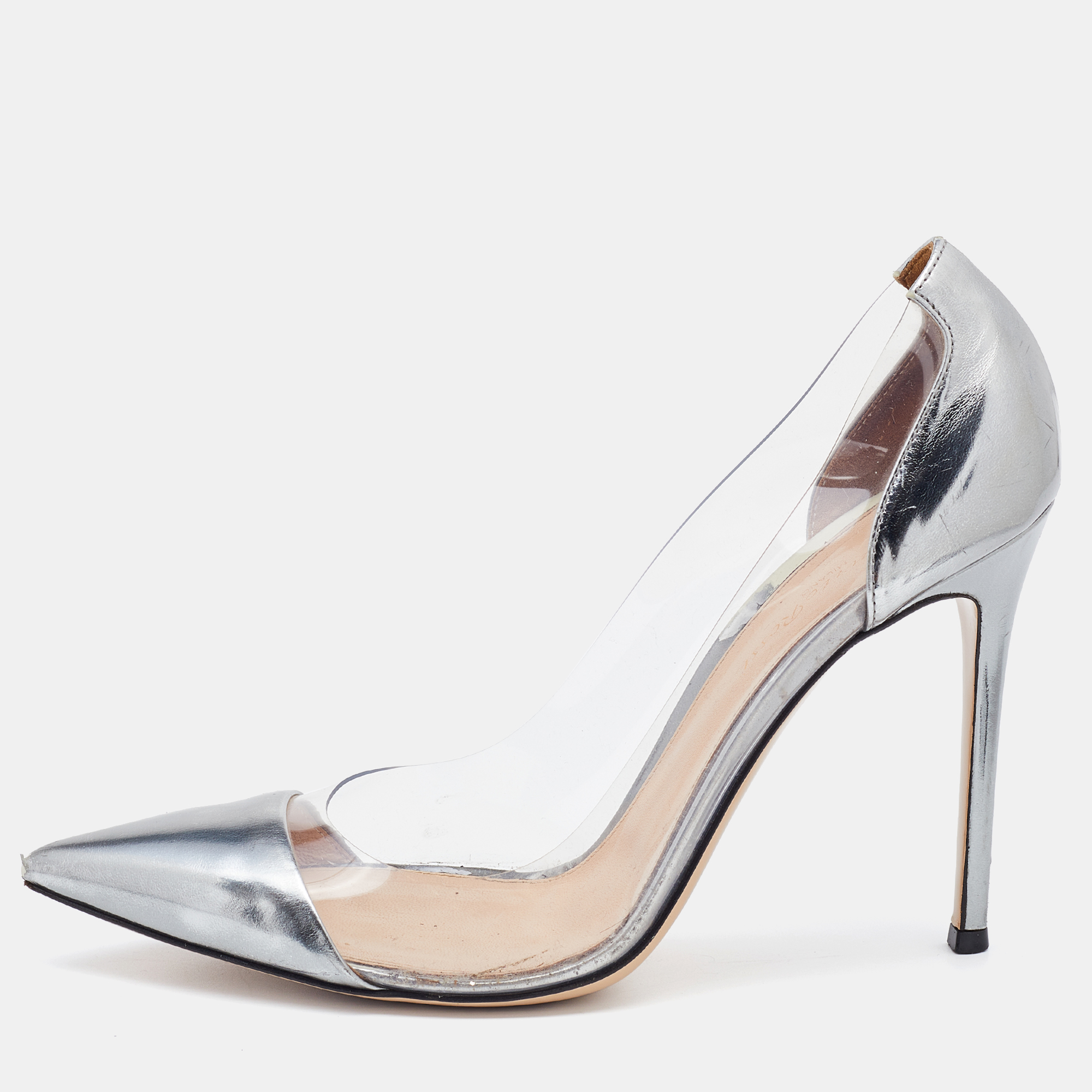Pre-owned Gianvito Rossi Metallic Grey Leather And Pvc Plexi Pointed Toe Pumps Size 41