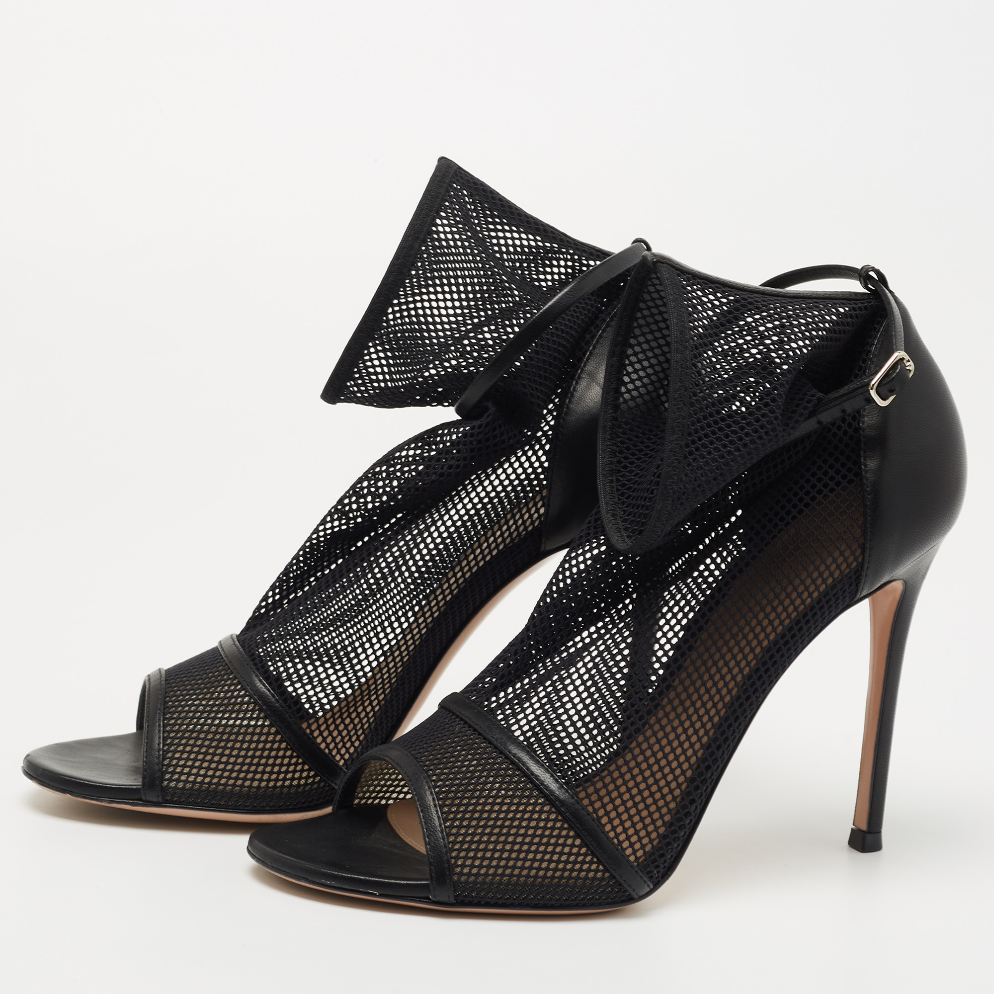 

Gianvito Rossi Black Leather and Mesh Idol Open Toe Booties Size