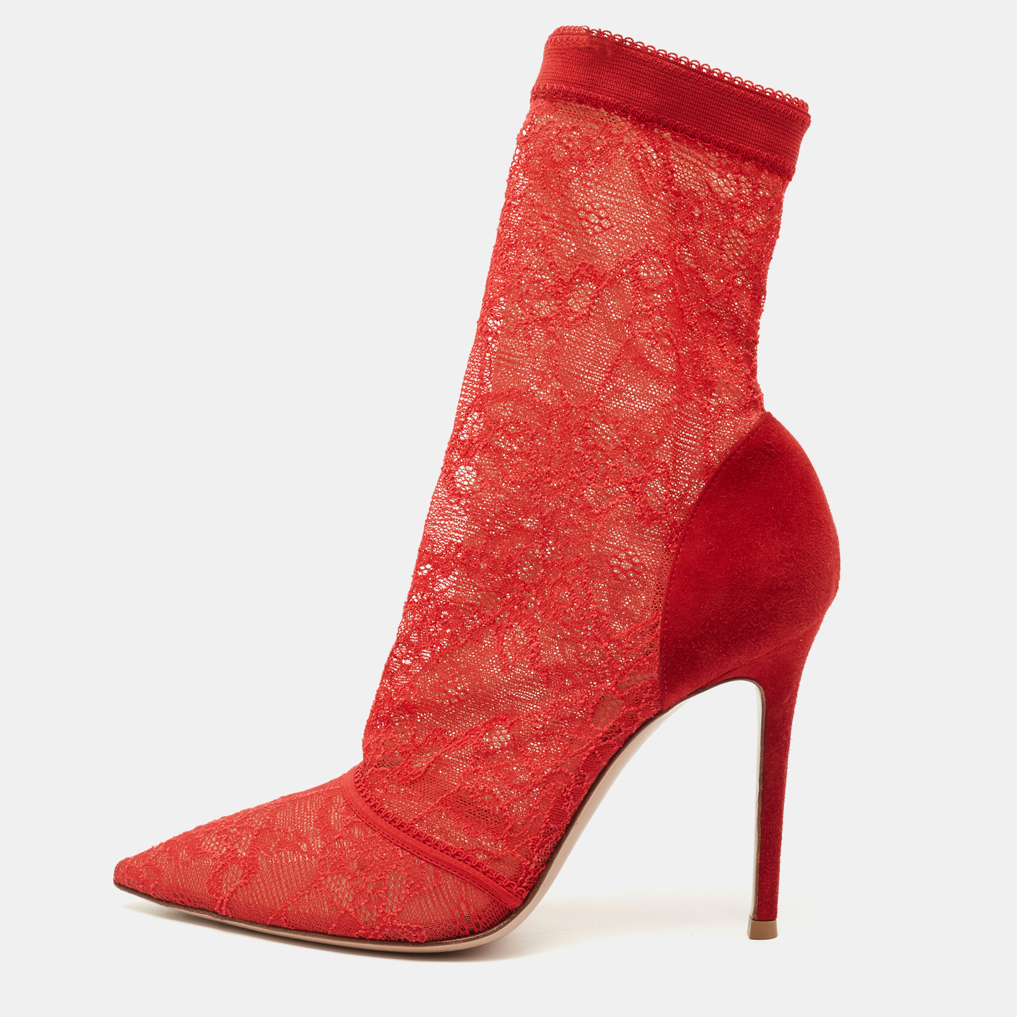 Pre-owned Gianvito Rossi Red Lace And Suede Brinn Booties Size 38.5