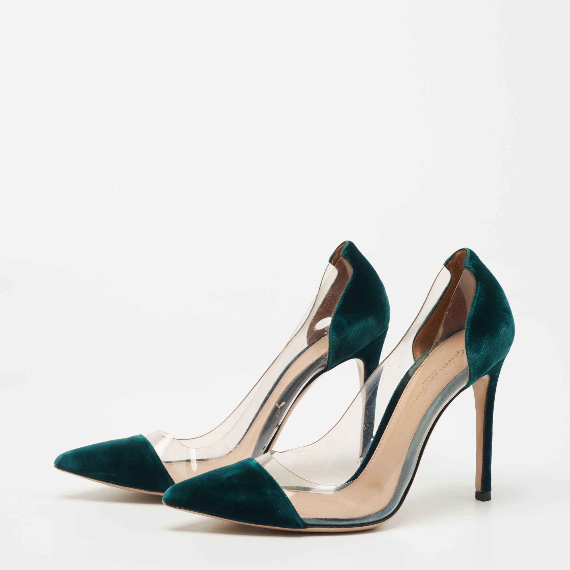 

Gianvito Rossi Dark Green Velvet and PVC Plexi Pumps Size