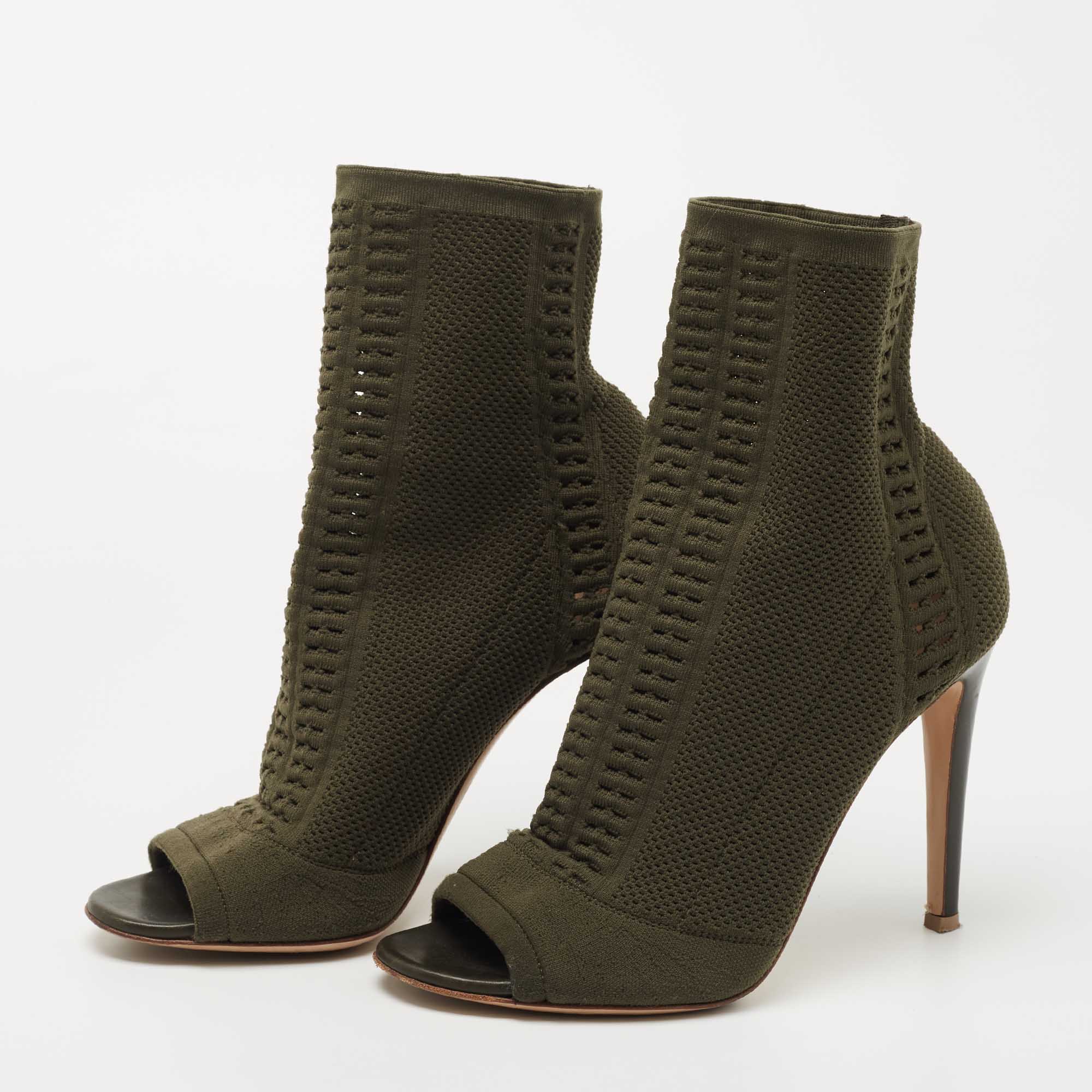 

Gianvito Rossi Army Green Knit Fabric Open Toe Ankle Booties Size