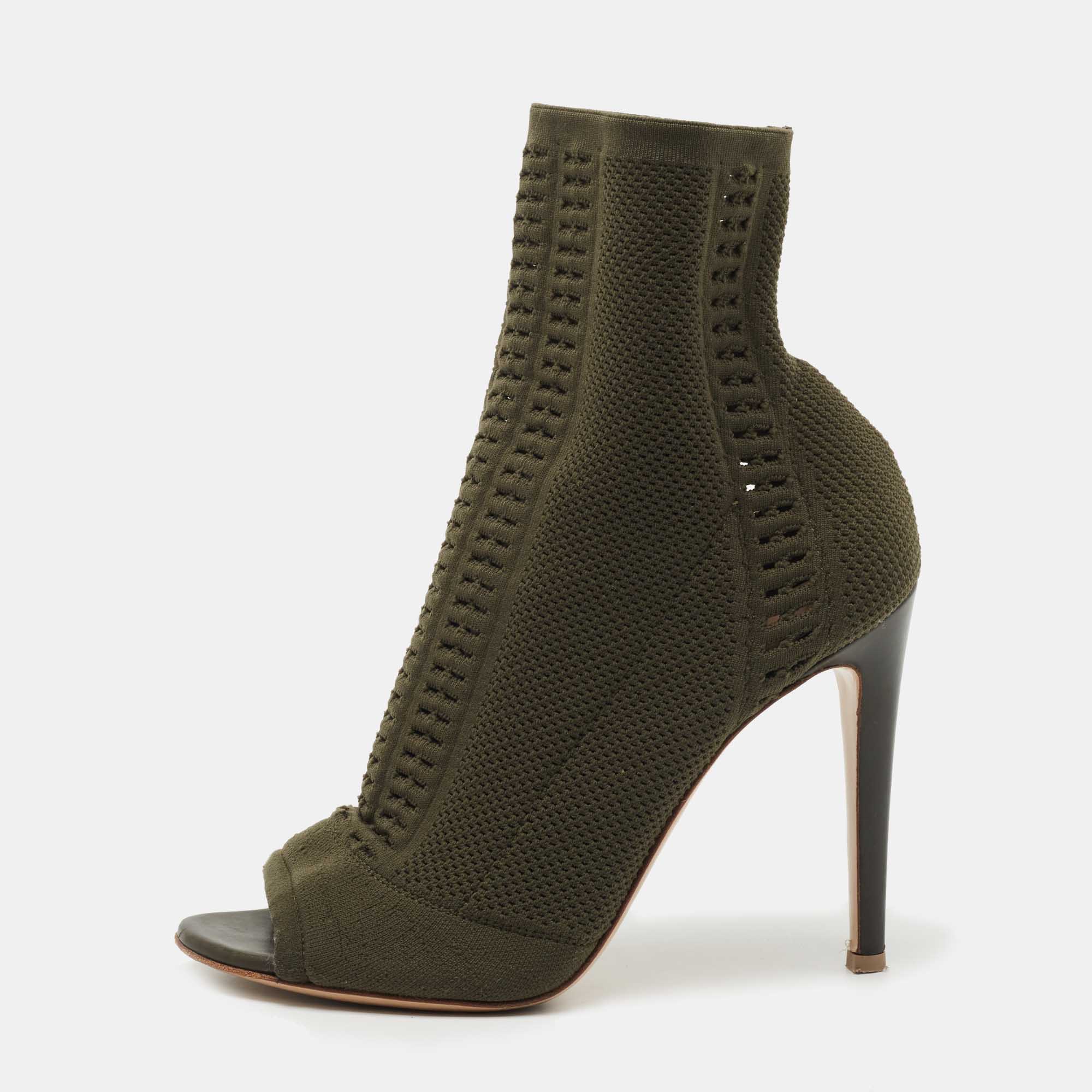Pre-owned Gianvito Rossi Army Green Knit Fabric Open Toe Ankle Booties Size 38.5