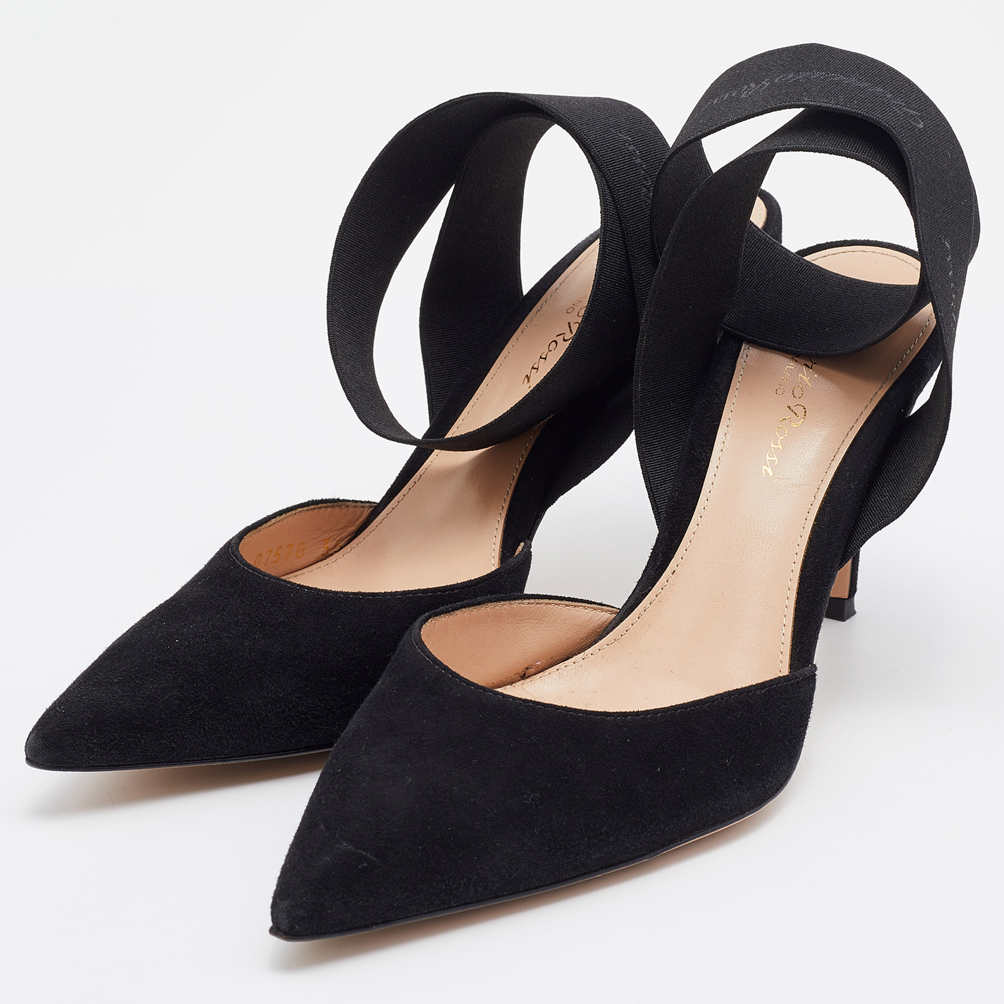

Gianvito Rossi Black Suede and Elastic Strap Pointed Toe Ankle Wrap Pumps Size