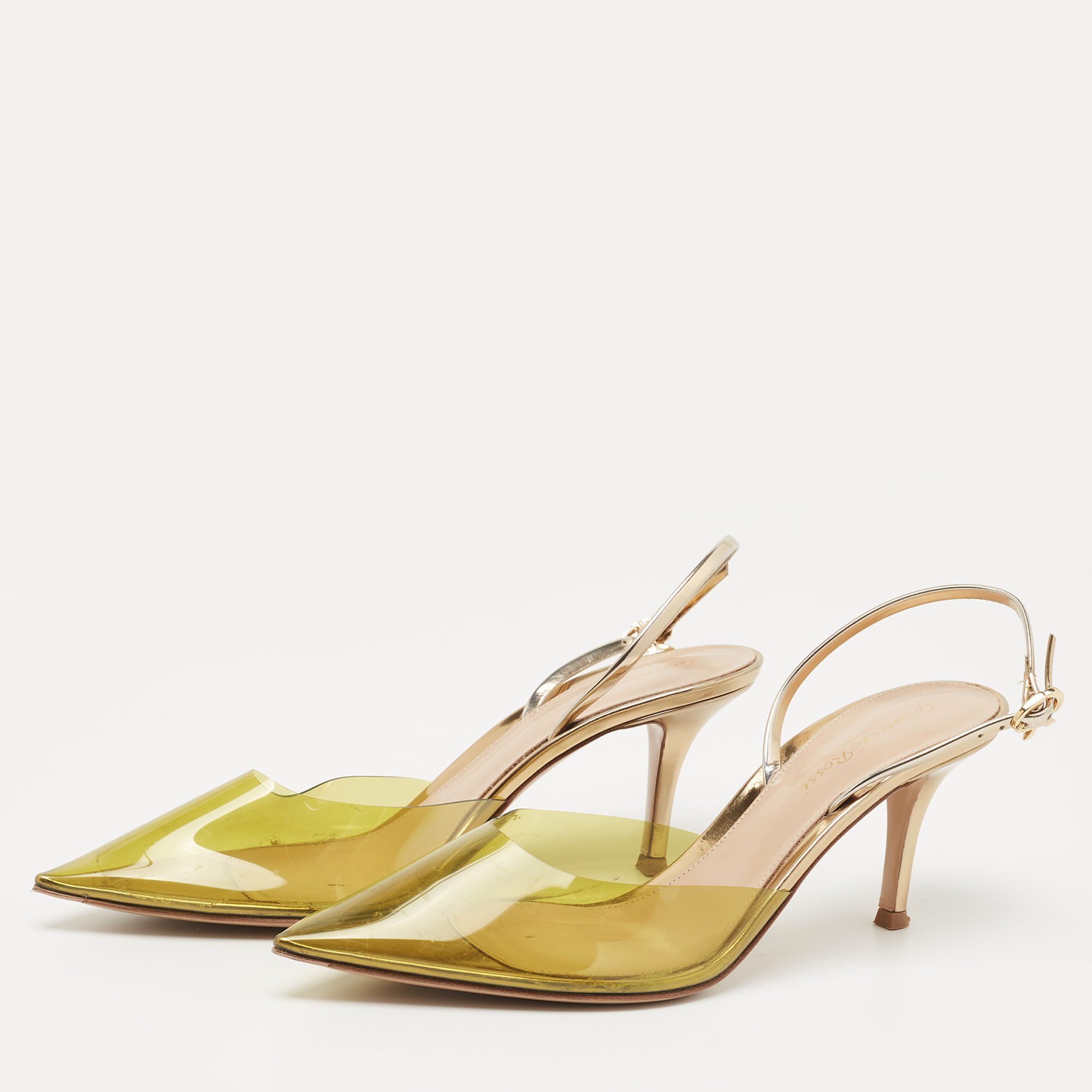 

Gianvito Rossi Green/Gold Leather and PVC Slingback Pumps Size, Grey