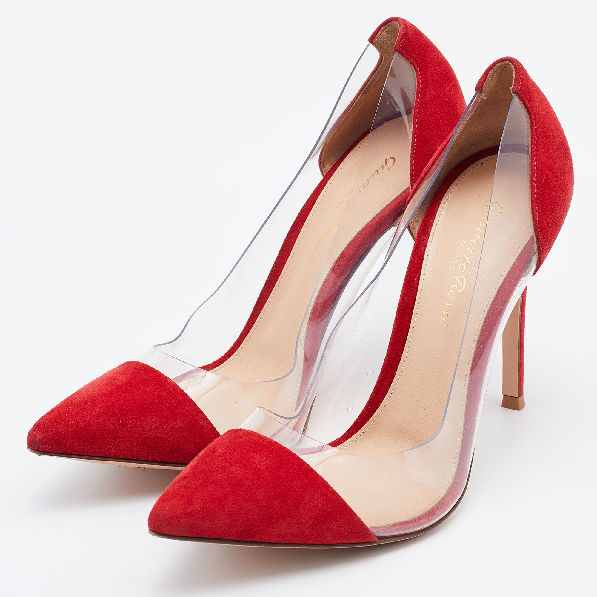 

Gianvito Rossi Red/Transparent Suede and PVC Plexi Pointed Toe Pumps Size