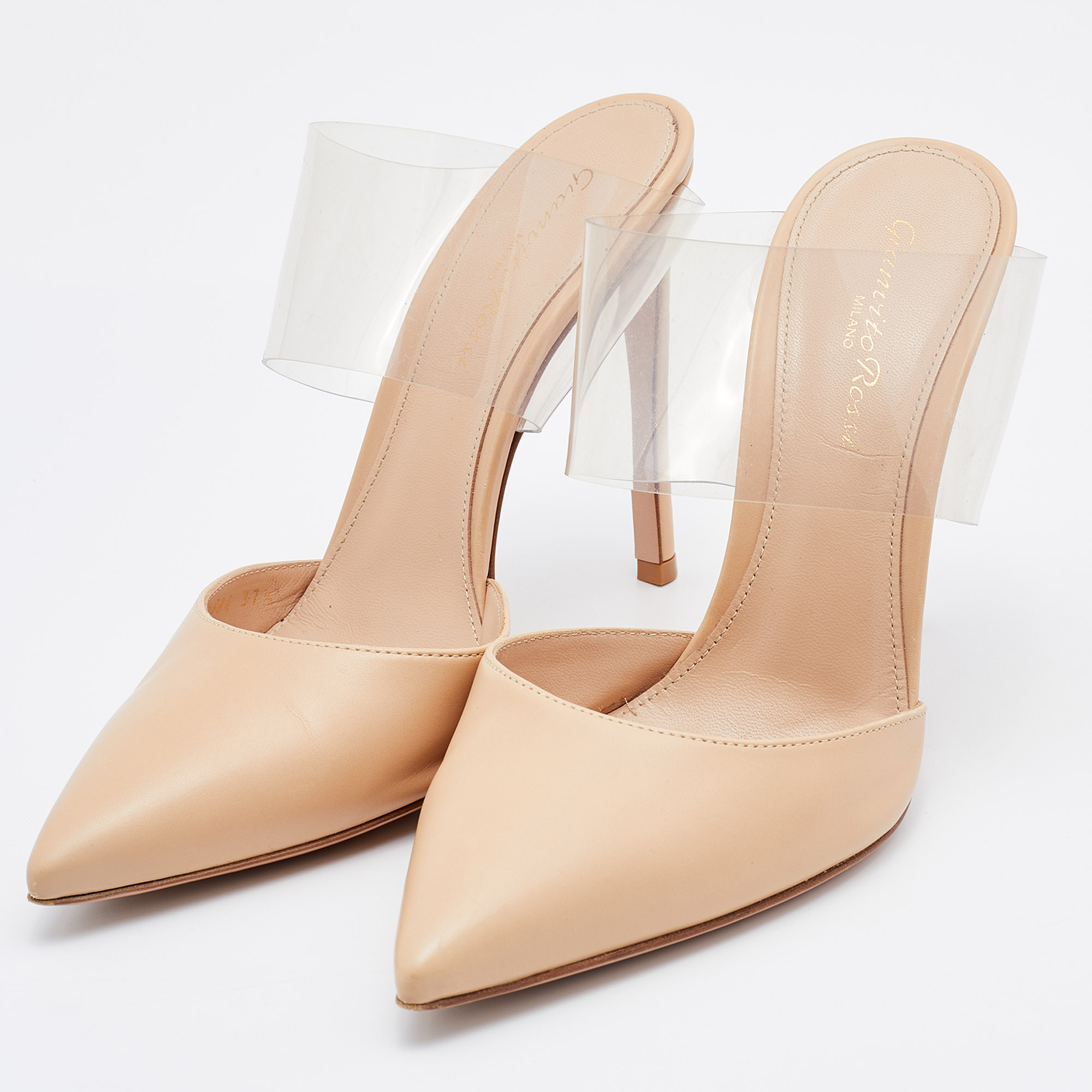 

Gianvito Rossi Beige/Transparent Leather and PVC Virtua Pointed Toe Mules Size