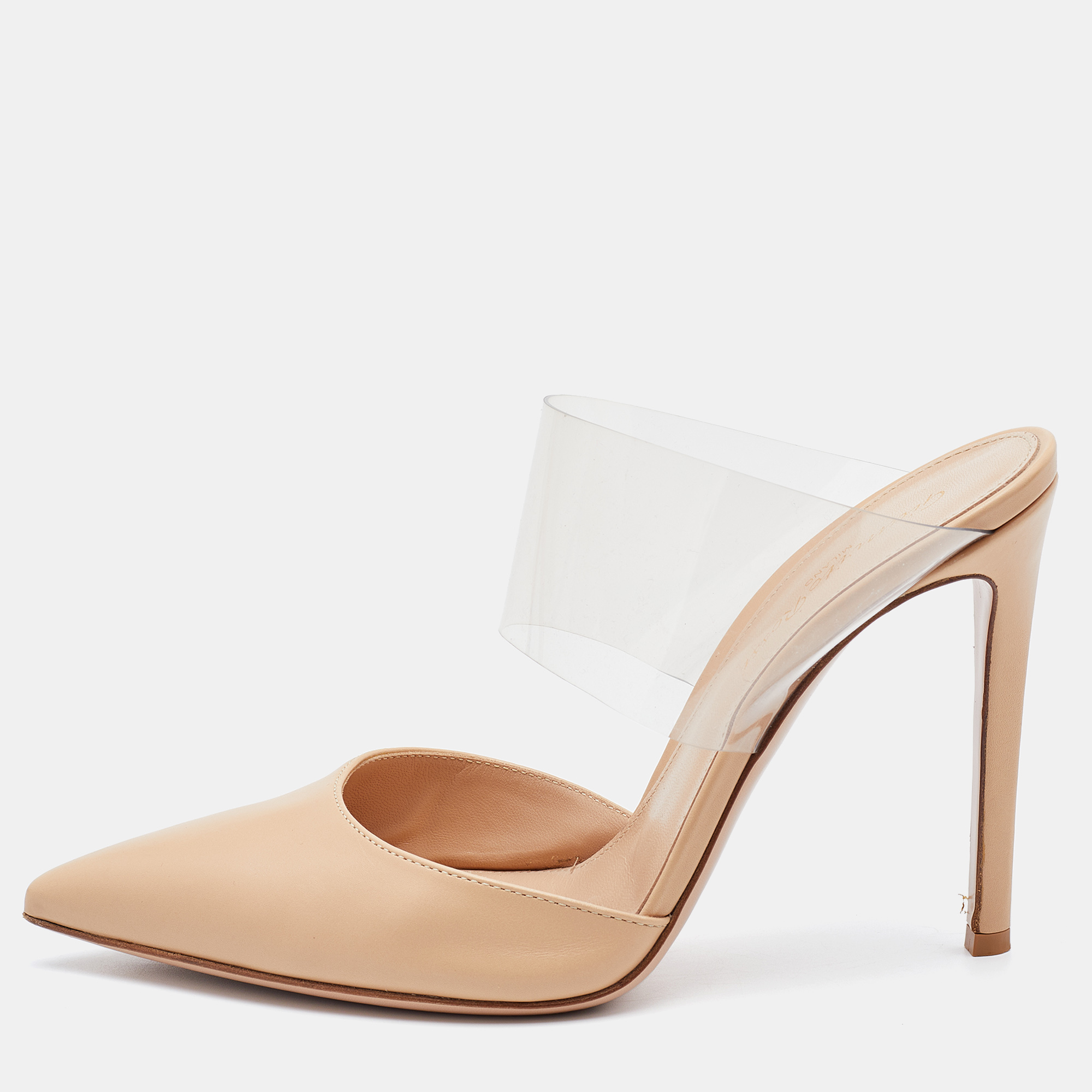 Pre-owned Gianvito Rossi Beige/transparent Leather And Pvc Virtua Pointed Toe Mules Size 37.5