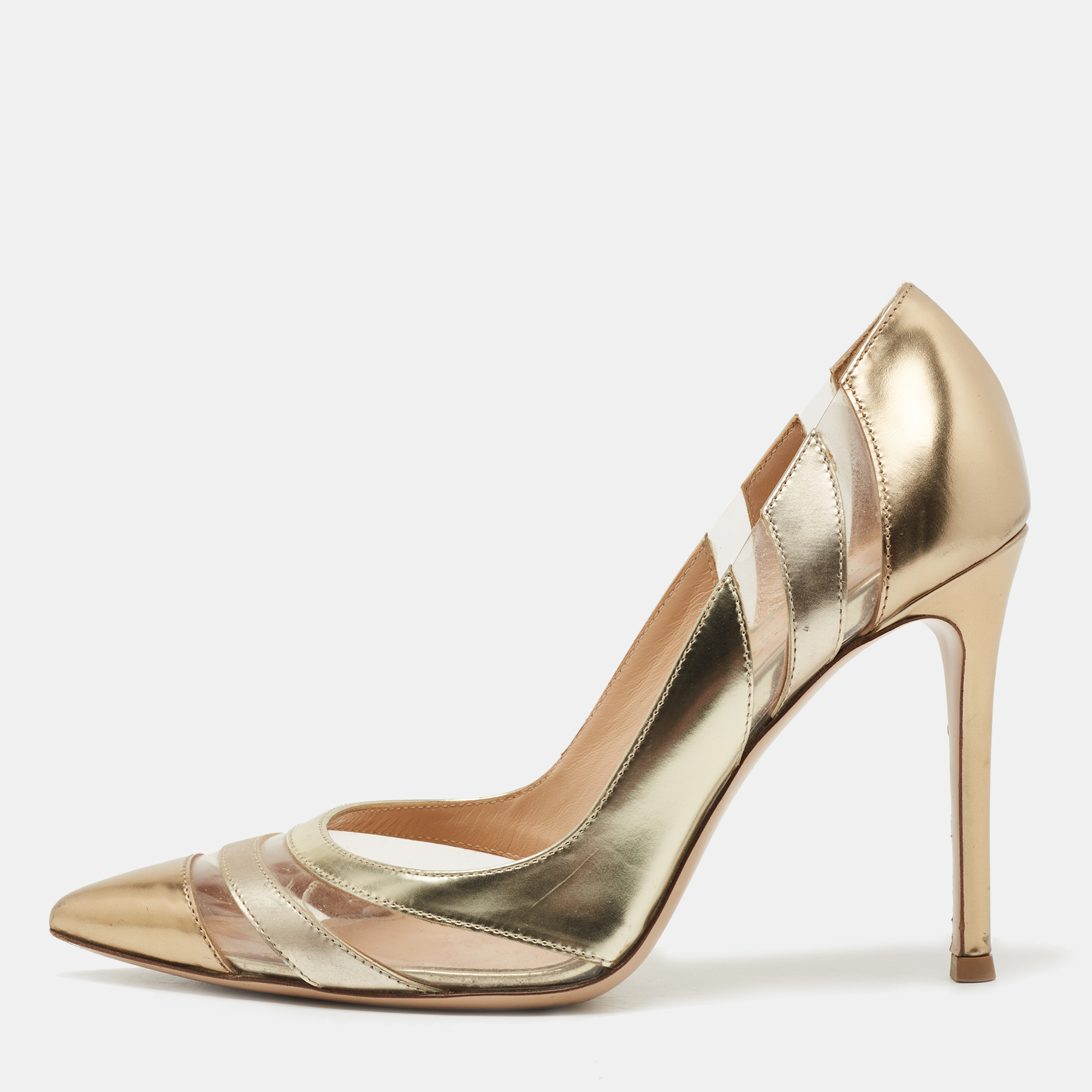 Pre Owned Gianvito Rossi Gold Leather and PVC Pointed Toe Pumps Size 35.5