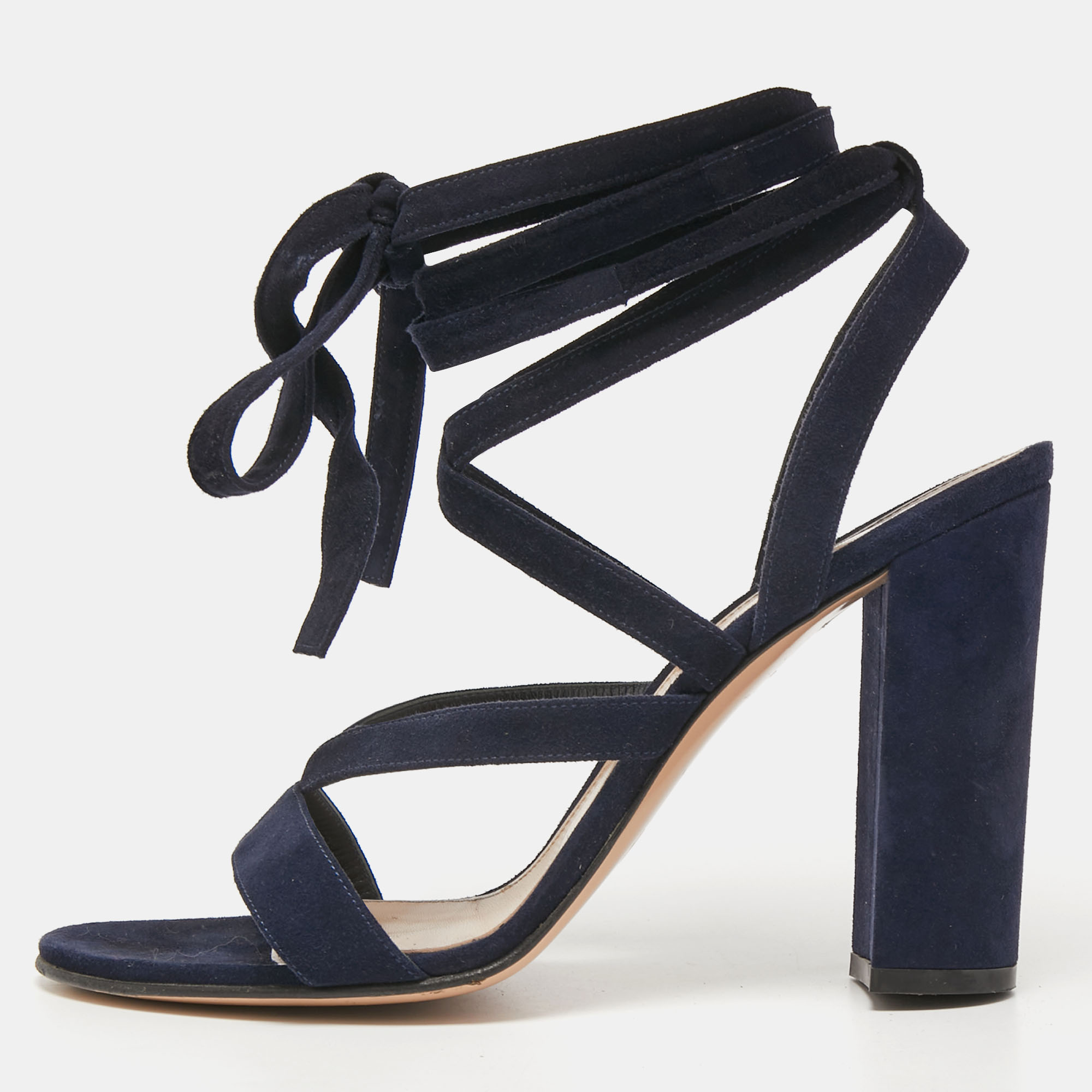 Pre-owned Gianvito Rossi Navy Blue Suede Ankle Wrap Sandals Size 40
