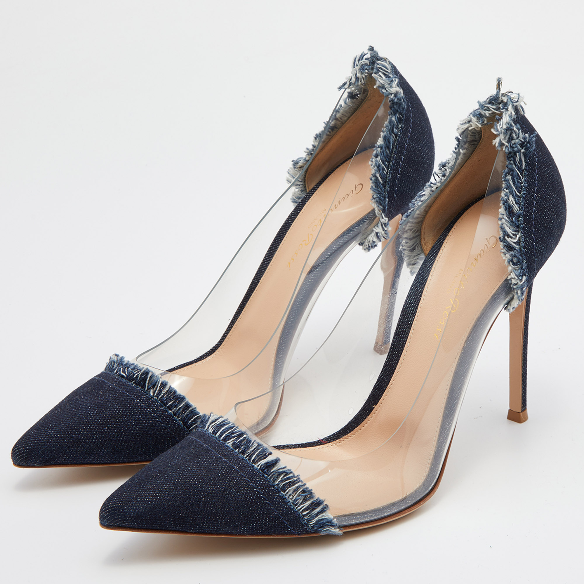 

Gianvito Rossi Navy Blue Denim and PVC Plexi Pointed Toe Pumps Size