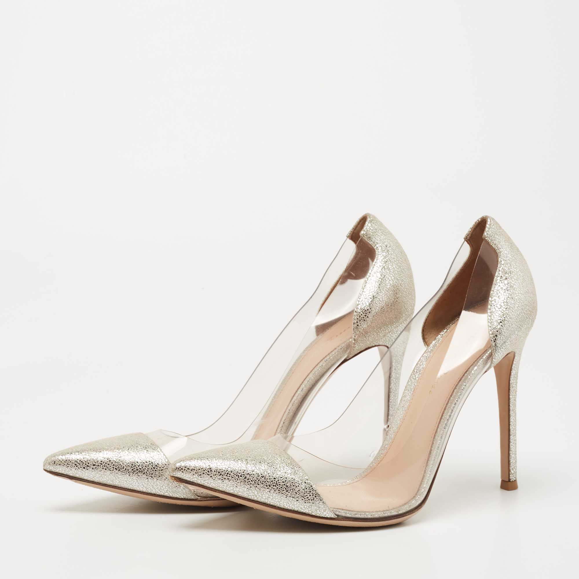 

Gianvito Rossi Metallic Silver Suede PVC Plexi Pointed Toe Pumps Size