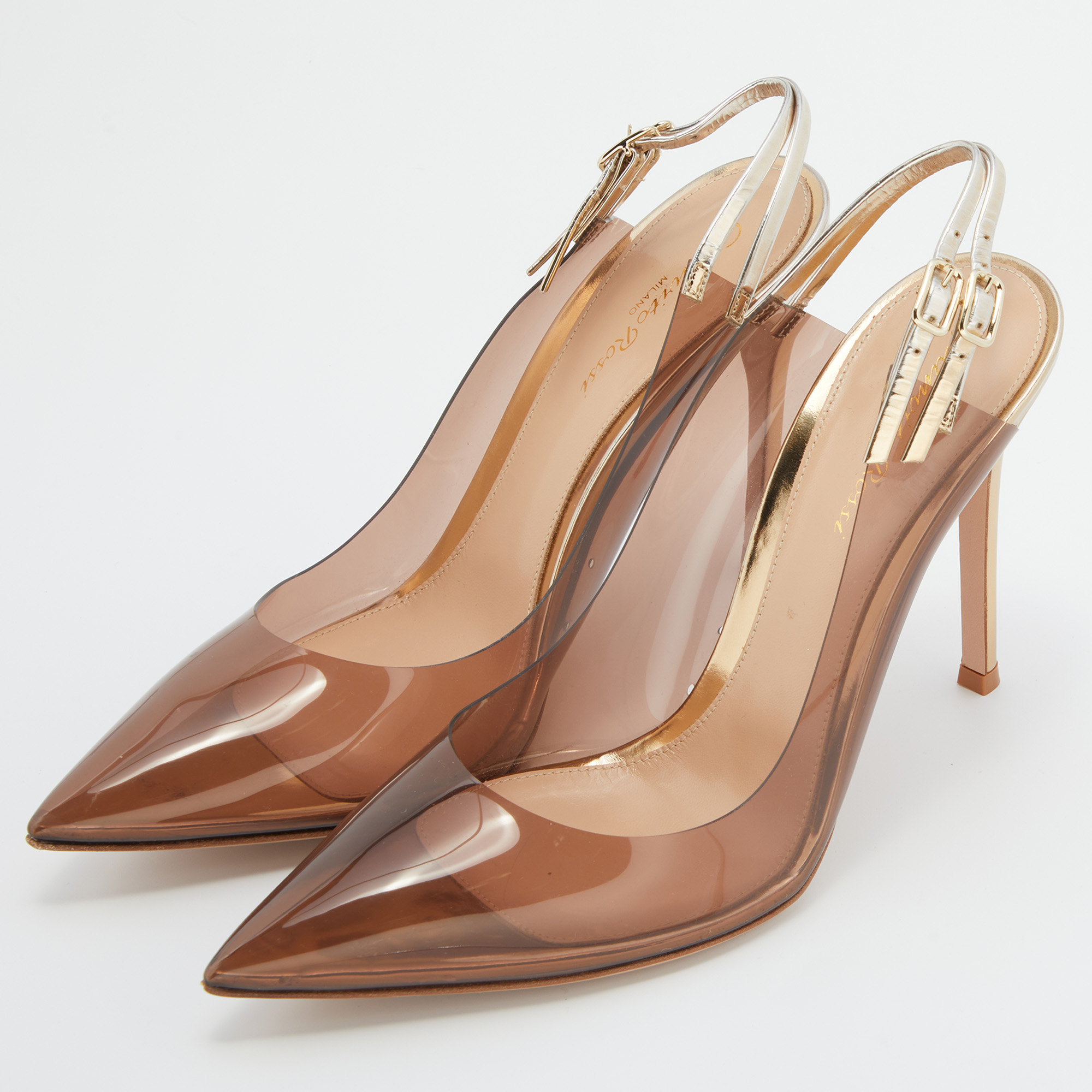 

Gianvito Rossi Brown/Gold PVC and Leather Kyle Pointed Toe Slingback Pumps Size