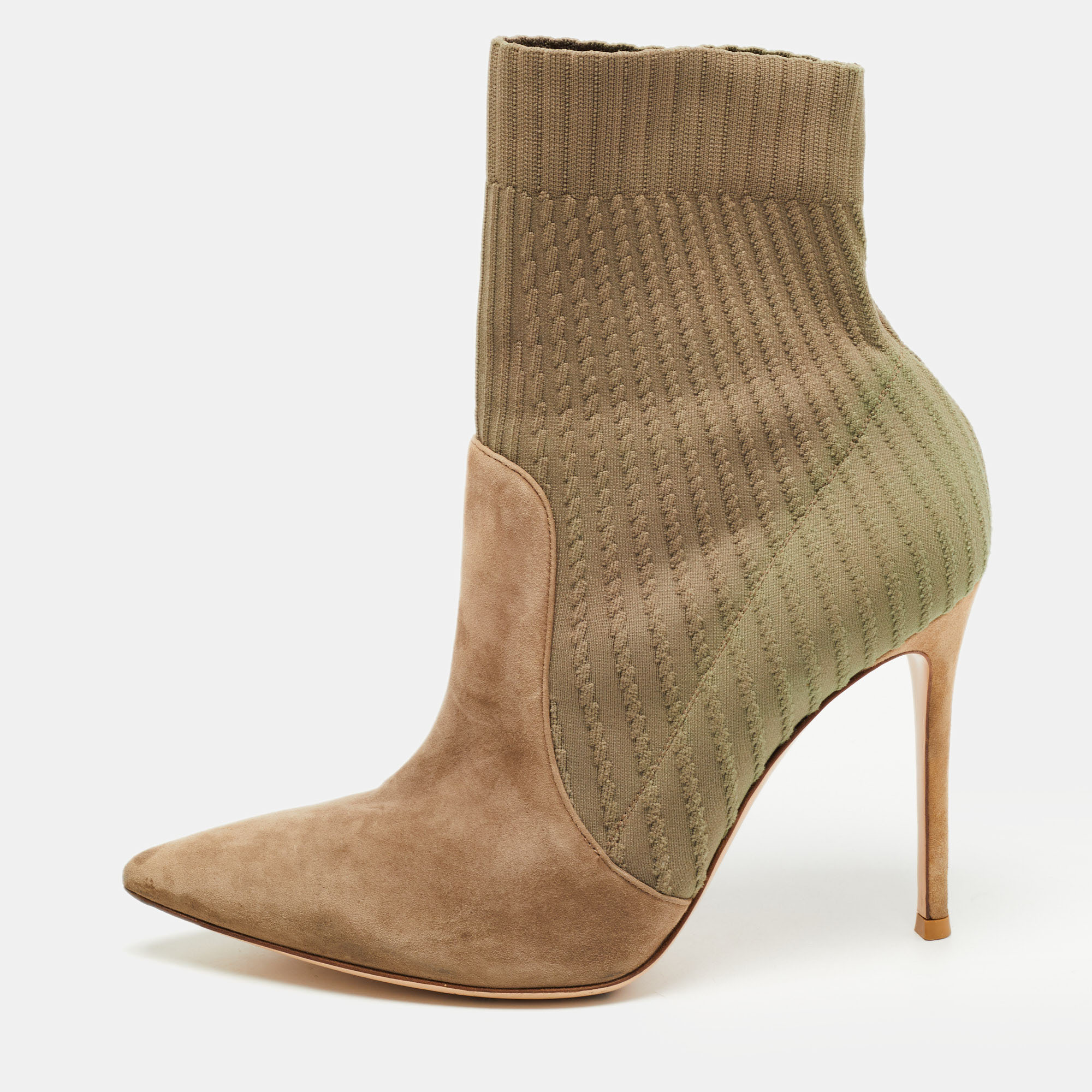 Pre-owned Gianvito Rossi Two Tone Knit Fabric And Suede Katie Ankle Booties Size 40.5 In Green