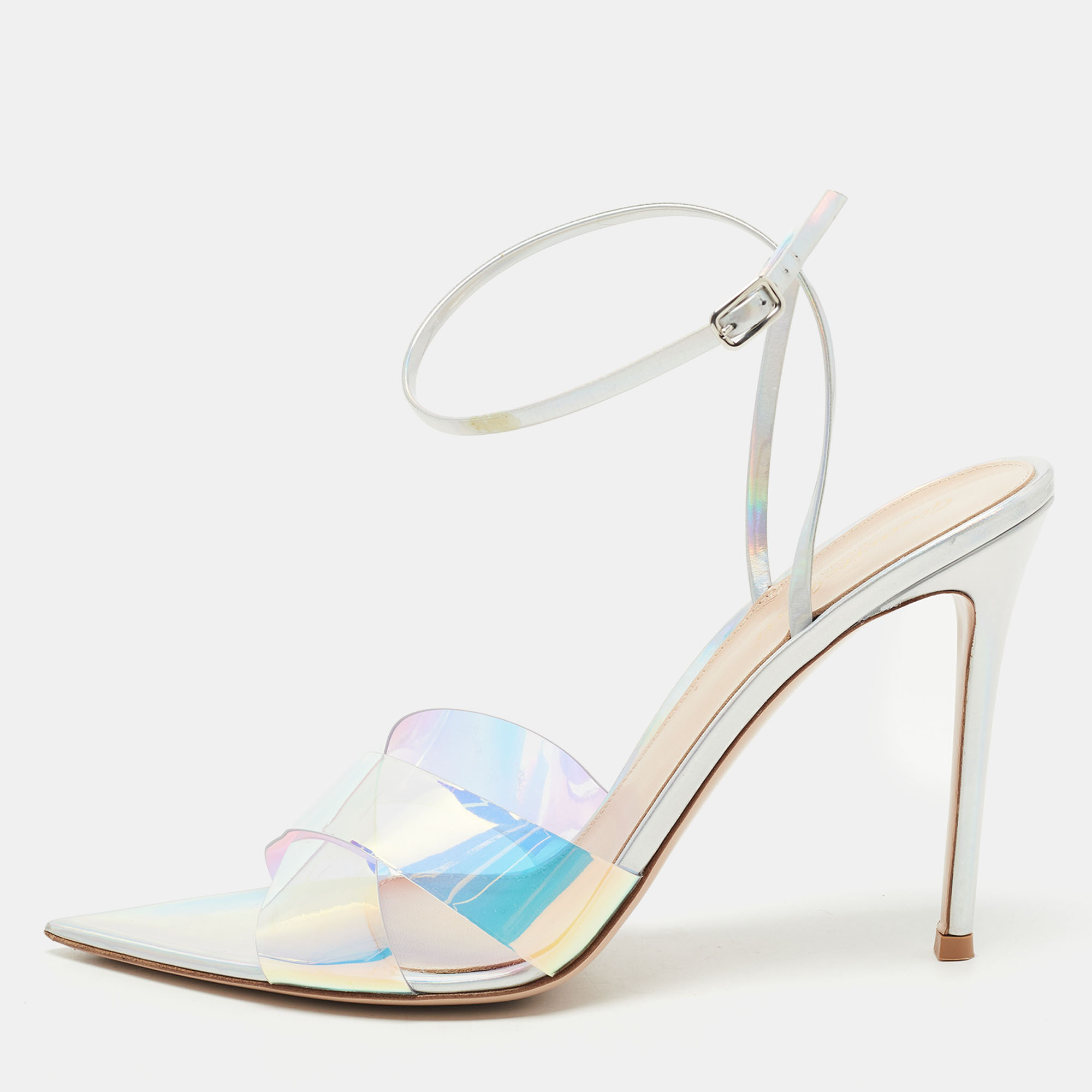 Pre-owned Gianvito Rossi Transparent Iridescent Pvc And Leather Plexi Stark Ankle Strap Sandals Size 41.5
