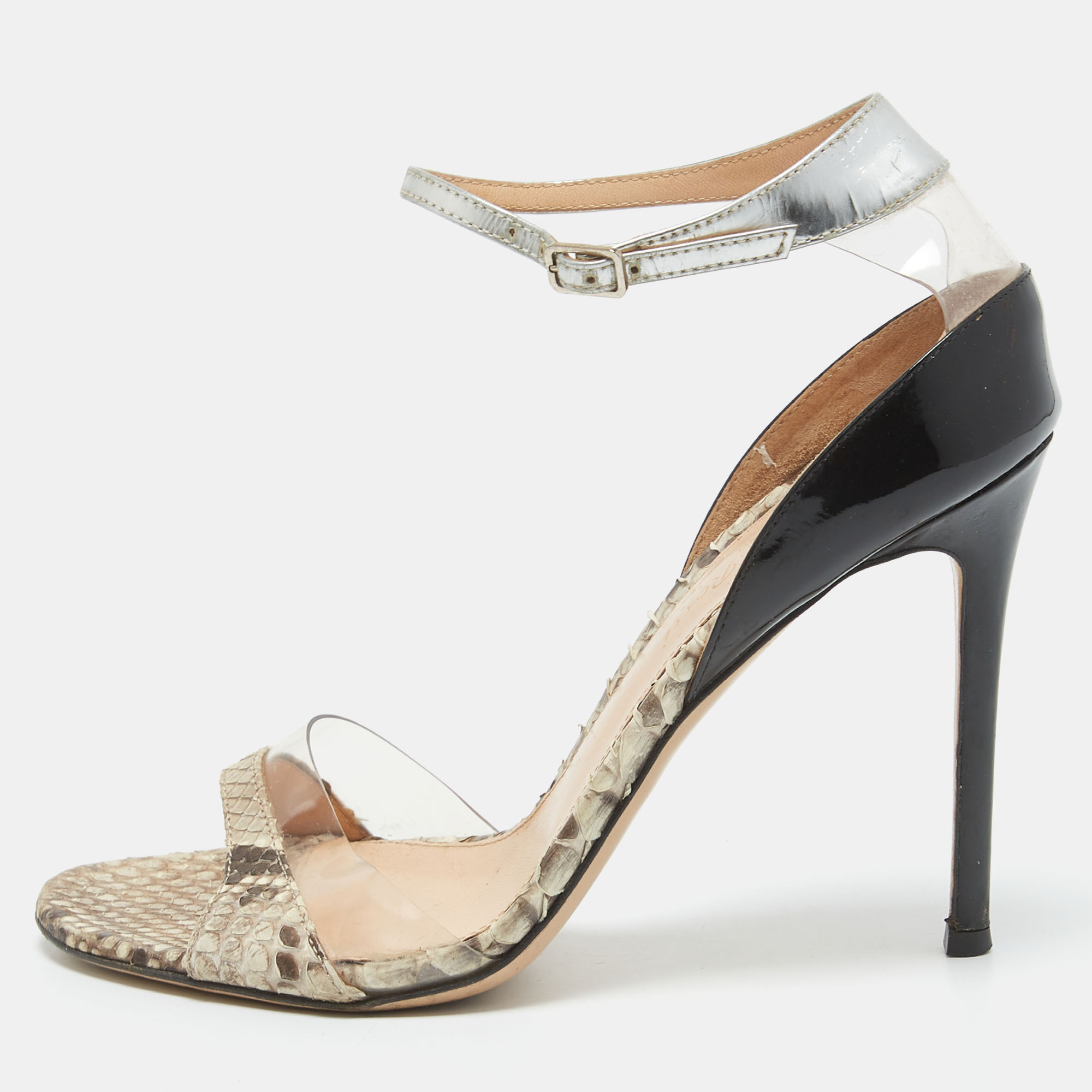 Pre-owned Gianvito Rossi Tricolor Patent Leather Python And Pvc Ankle Strap Sandals Size 38 In Black