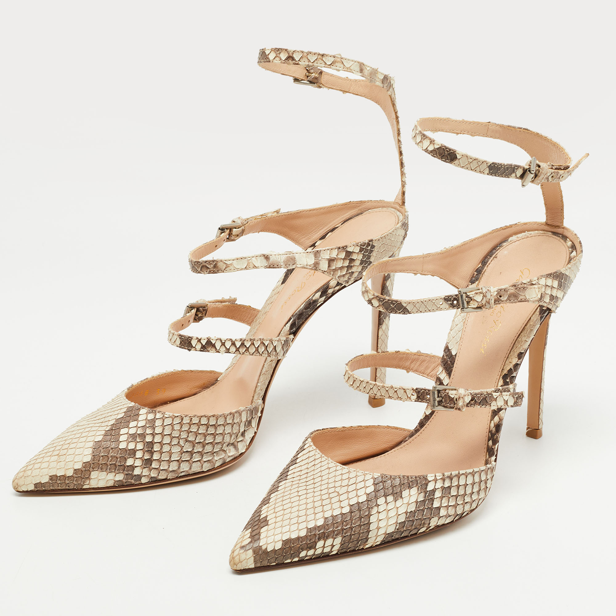 

Gianvito Rossi Beige/Brown Python Embossed Leather Ankle Strap Pumps Size