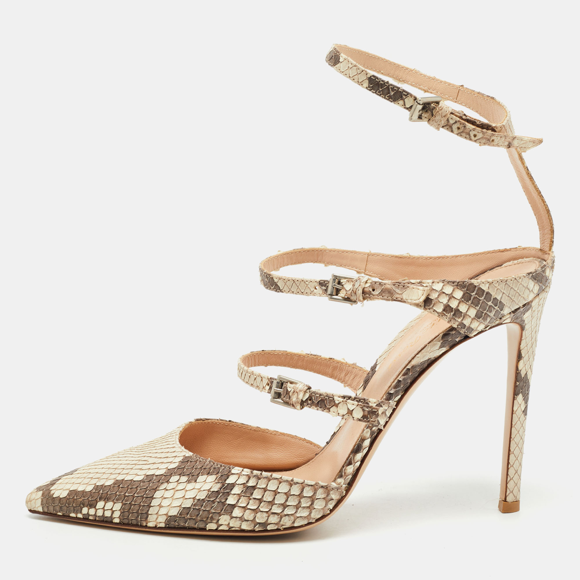 Pre-owned Gianvito Rossi Beige/brown Python Embossed Leather Ankle Strap Pumps Size 39