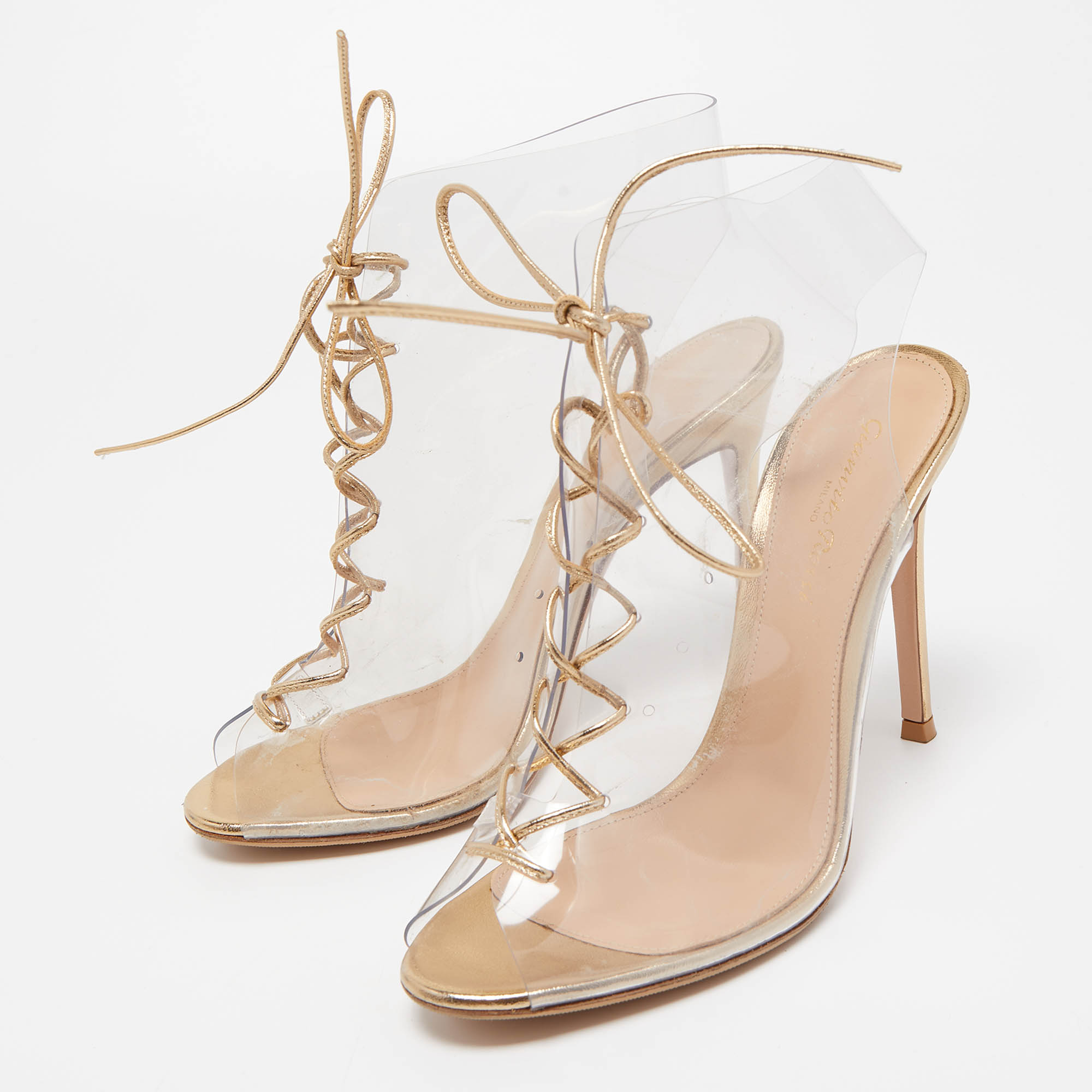 

Gianvito Rossi Transparent/Gold PVC and Leather Helmut Lace Up Booties Size