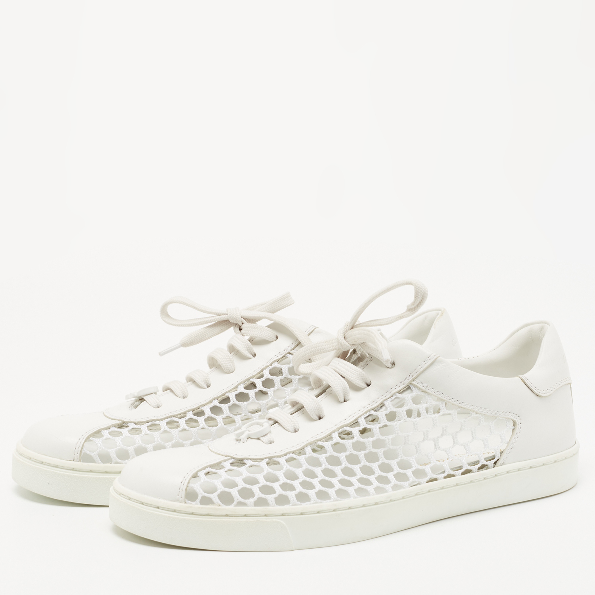 

Gianvito Rossi White Leather and Fish Net Panel Low Top Sneakers Size