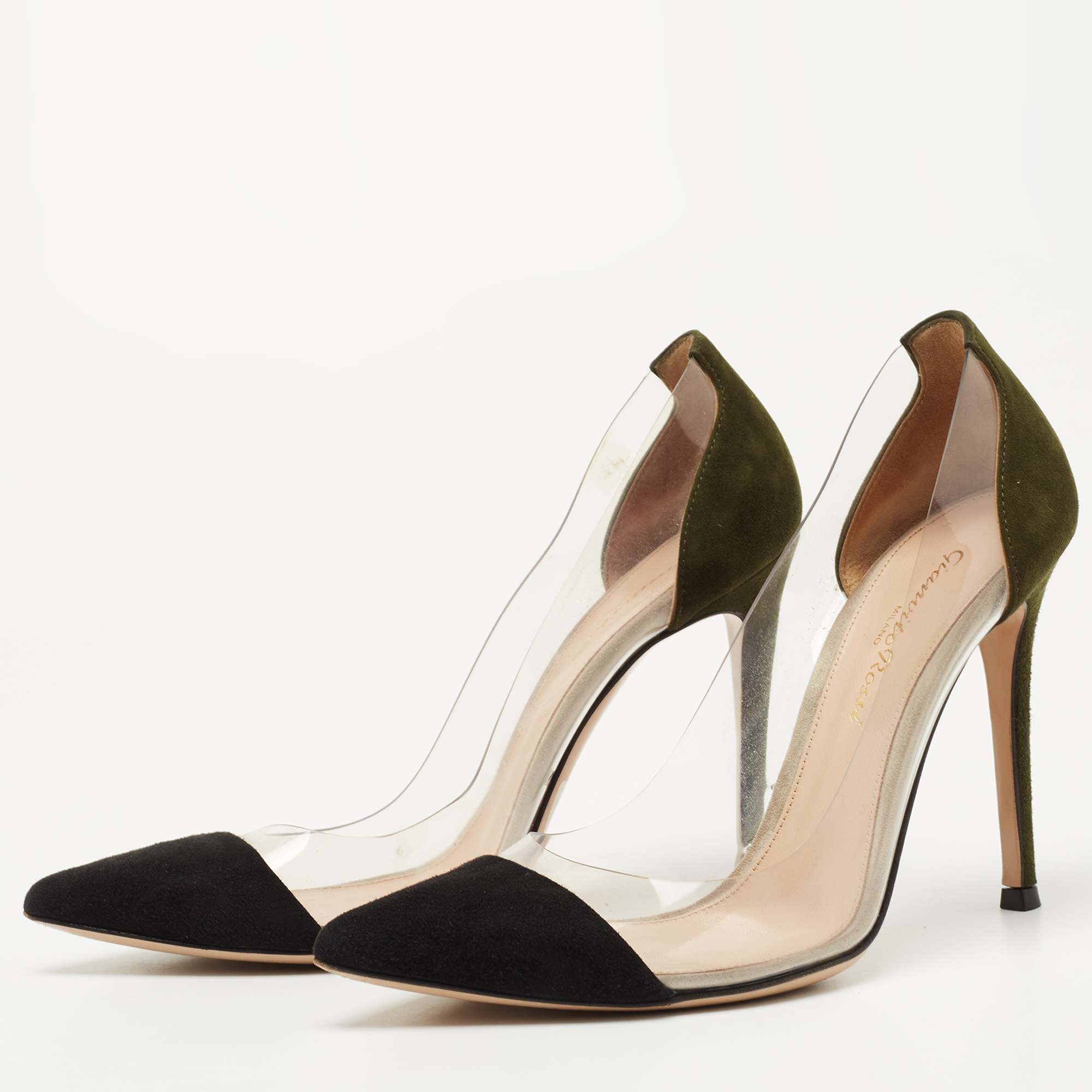 

Gianvito Rossi Black/Green Suede and PVC Plexi Platform Pumps Size