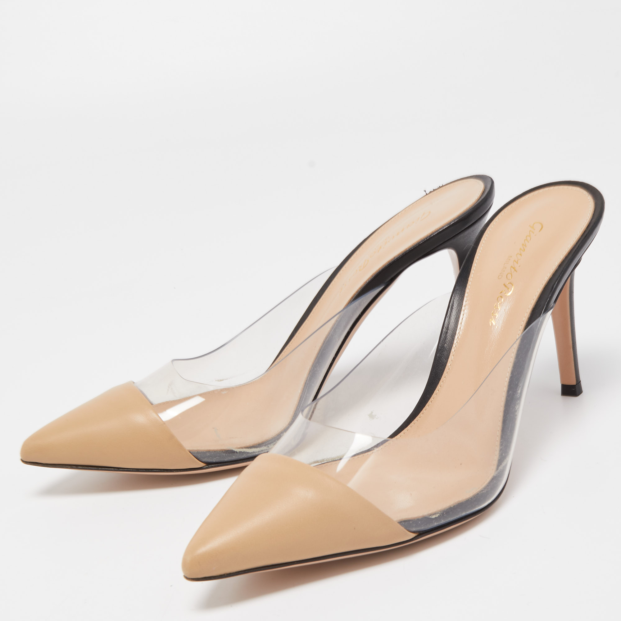 

Gianvito Rossi Beige /Black Leather and PVC Plexi Pointed Toe Mules Size