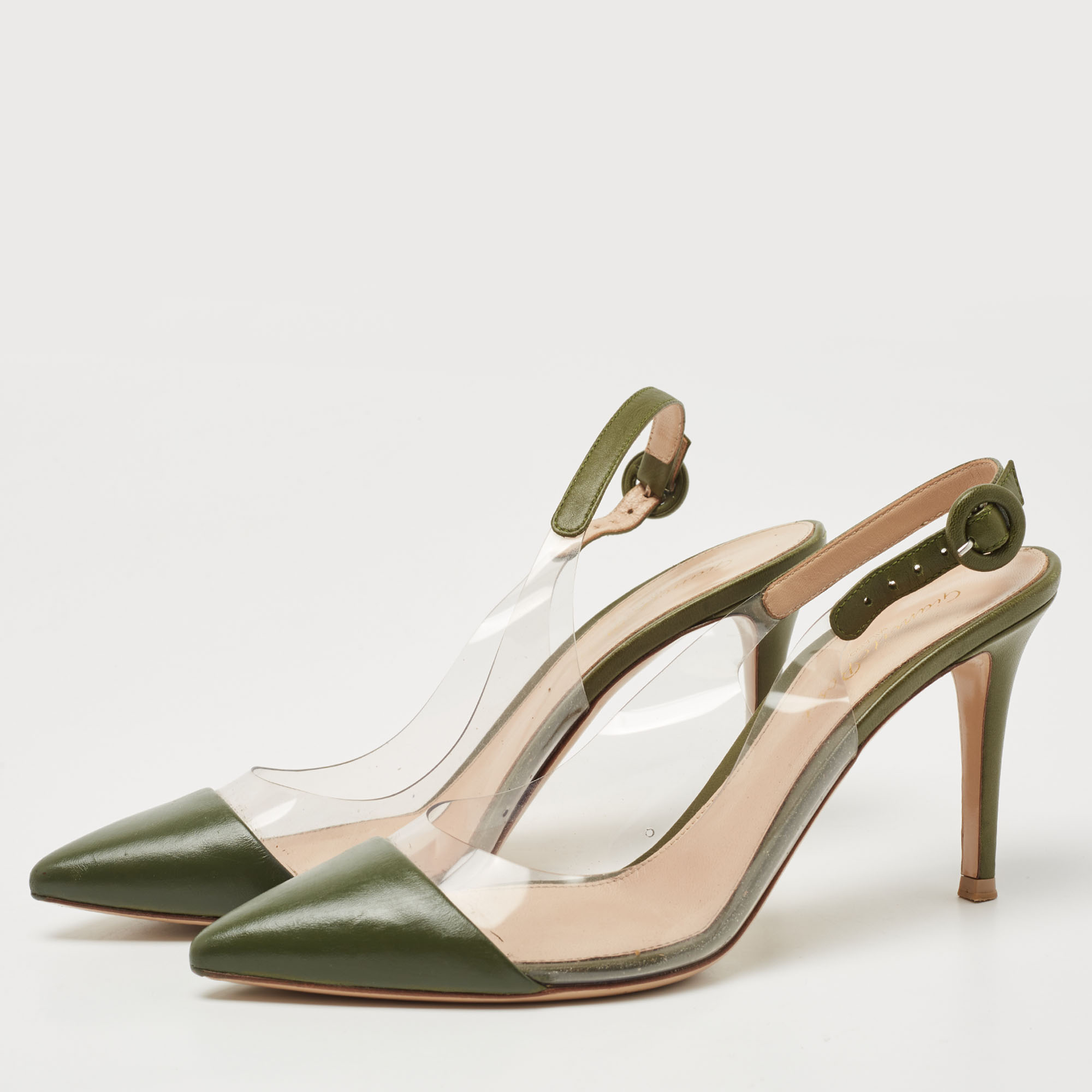 

Gianvito Rossi Green Leather And PVC Plexi Slingback Pumps Size