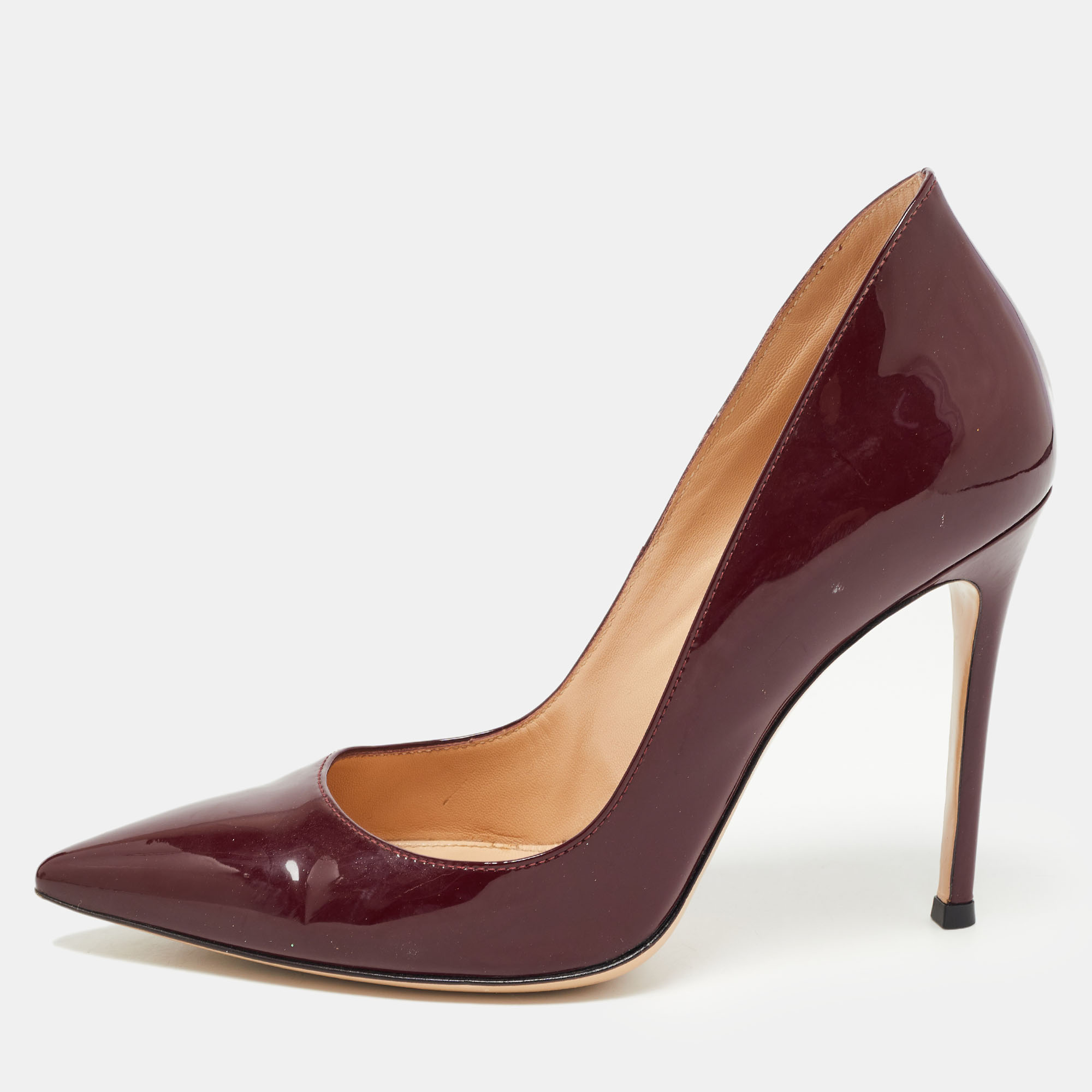 Pre-owned Gianvito Rossi Burgundy Patent Leather Pointed Toe Pumps Size 37.5