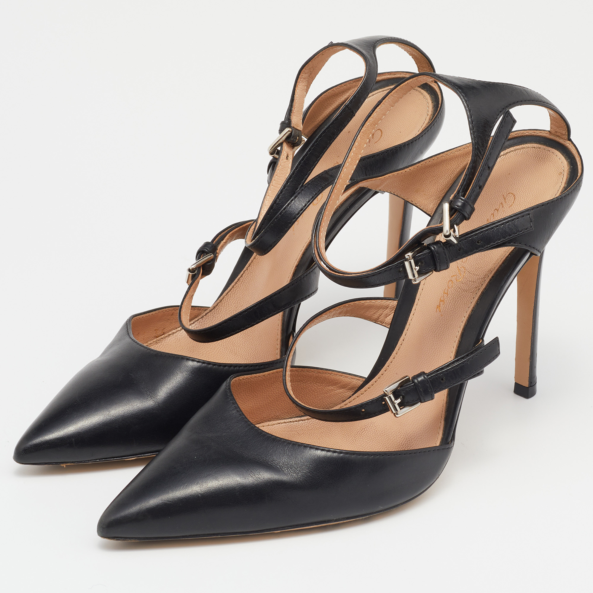 

Gianvito Rossi Black Leather Crisscross Pointed Toe Ankle Strap Pumps