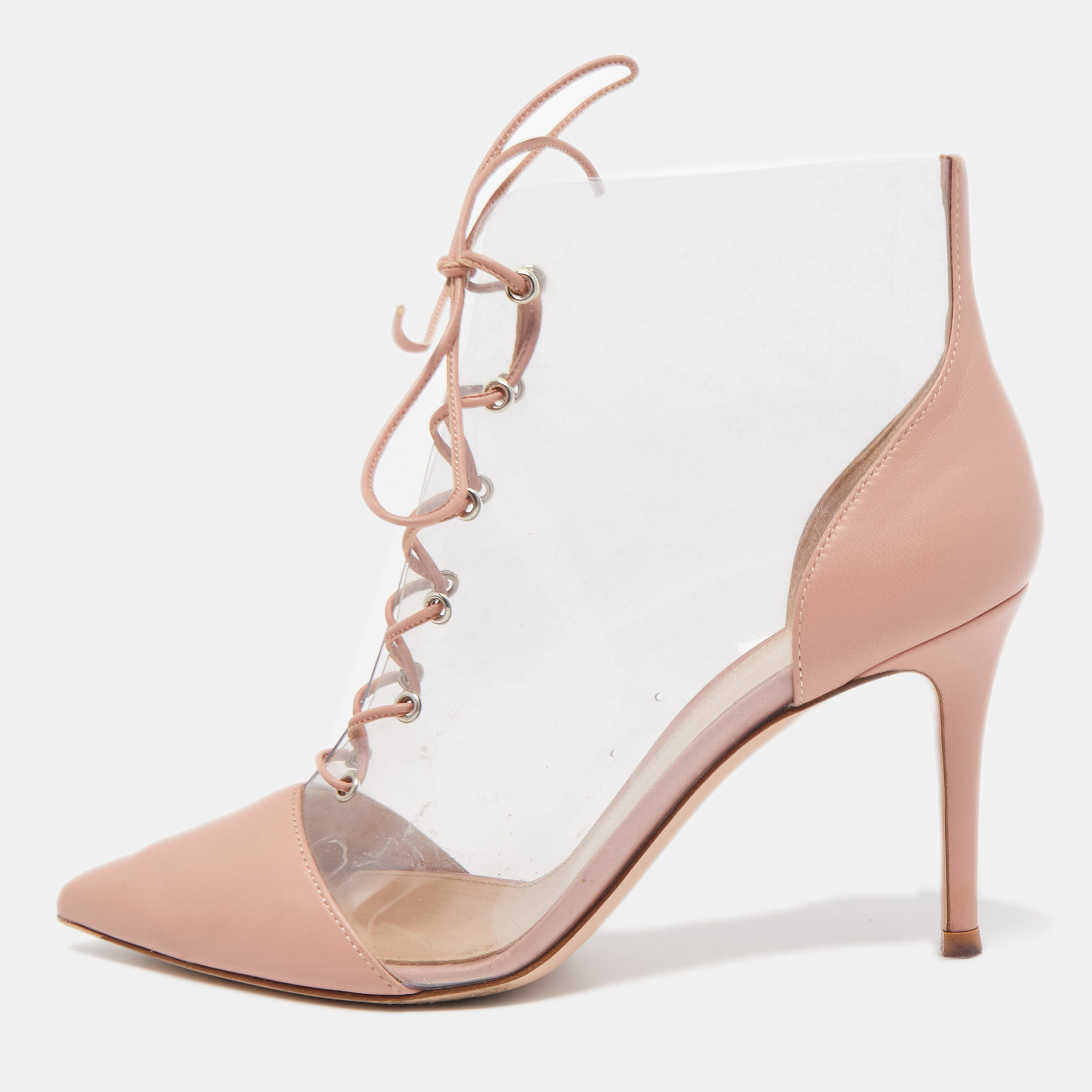 Pre-owned Gianvito Rossi Pink/transparent Pvc And Leather Helmut Lace Up Boots Size 38