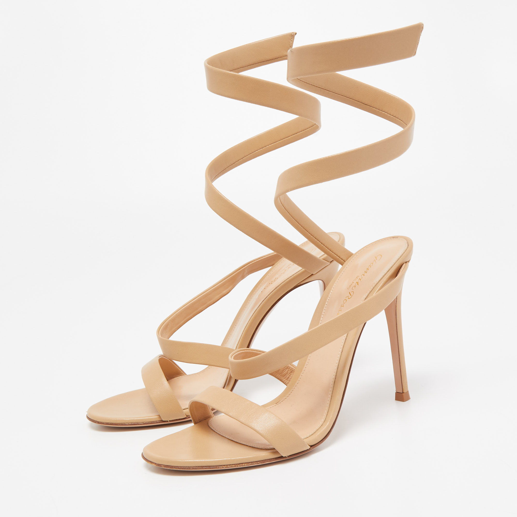 

Gianvito Rossi Beige Leather Opera Twirl Ankle Wrap Sandals Size