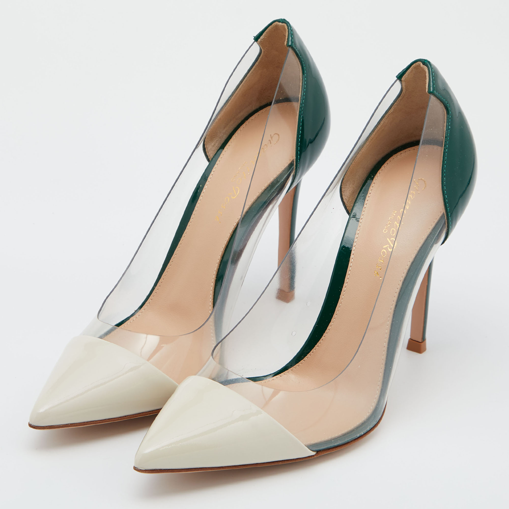 

Gianvito Rossi White/Green Patent Leather and PVC Plexi Pointed Toe Pumps Size