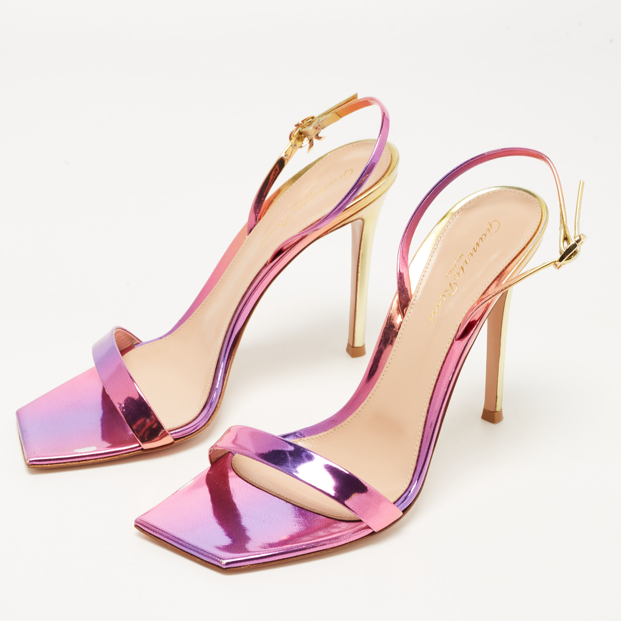 

Gianvito Rossi Pink/Gold Foil Leather Ribbon Stiletto Ankle Strap Sandals Size