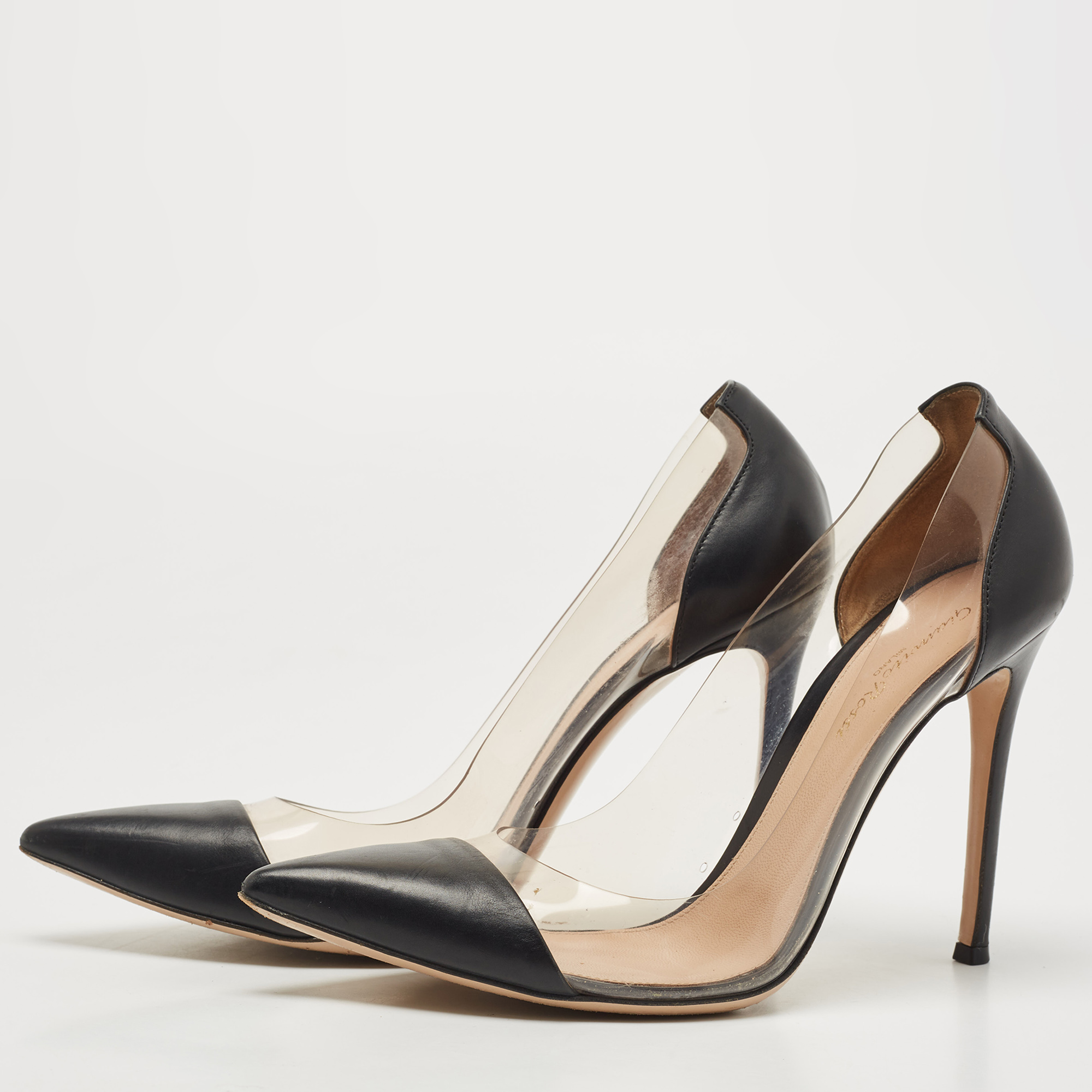 

Gianvito Rossi Black Leather and PVC Plexi Pointed Toe Platform Pumps Size